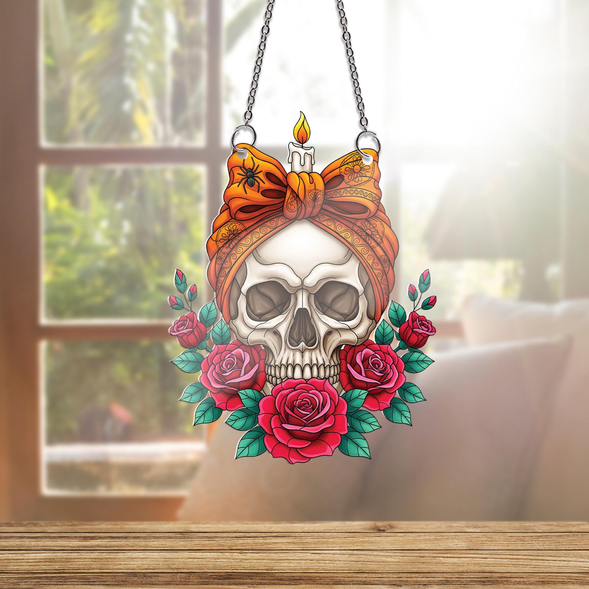 Skull and Roses Suncatcher, Gothic Window Hanging, Witchy Home Decor, Macabre Floral Skull with Candle, Tattoo Style Art Ornament