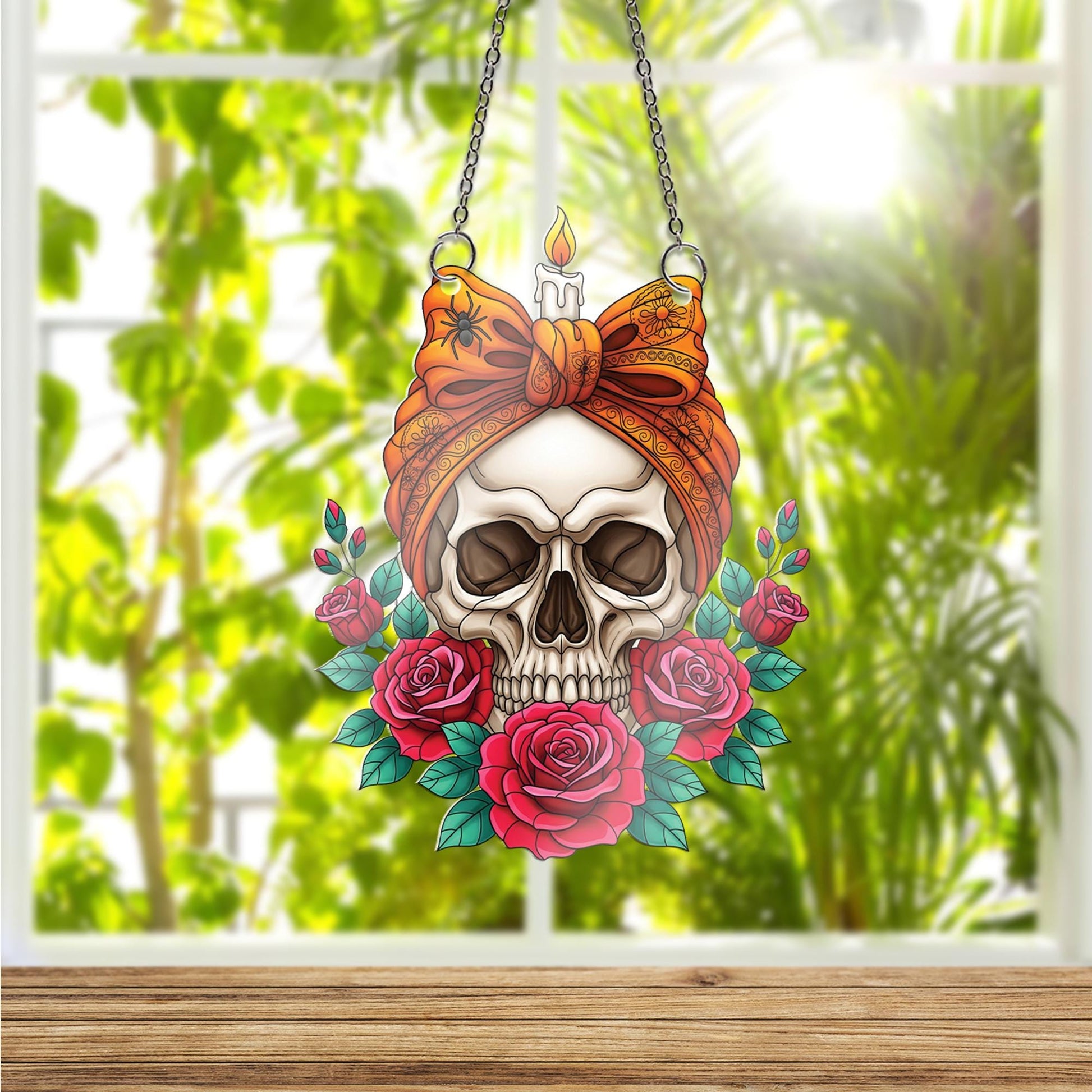 Skull and Roses Suncatcher, Gothic Window Hanging, Witchy Home Decor, Macabre Floral Skull with Candle, Tattoo Style Art Ornament