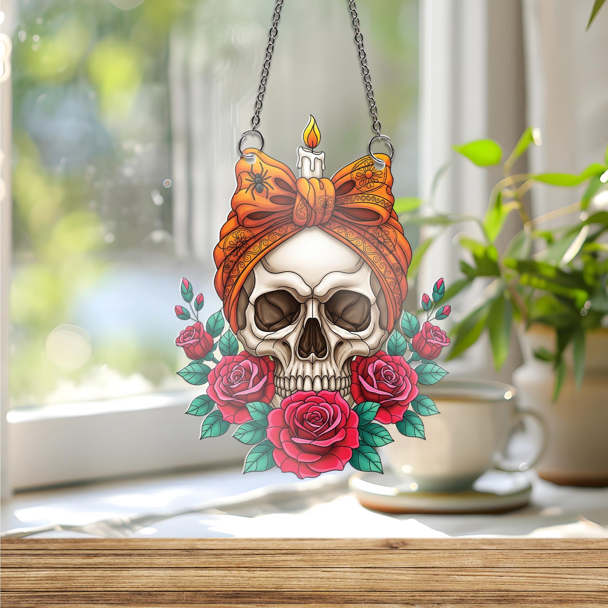 Skull and Roses Suncatcher, Gothic Window Hanging, Witchy Home Decor, Macabre Floral Skull with Candle, Tattoo Style Art Ornament
