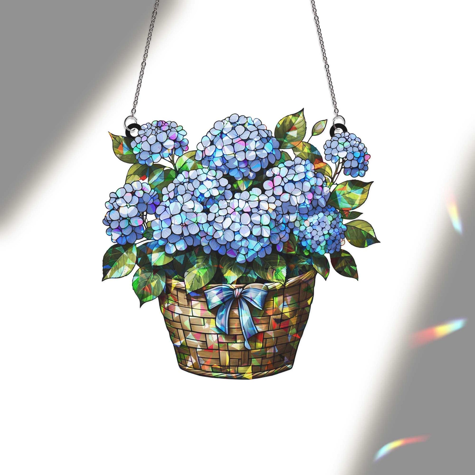 Hydrangea Basket Window Hanging – Blue Floral Style Suncatcher, Garden Lover Gift, Summer Floral Window Decoration