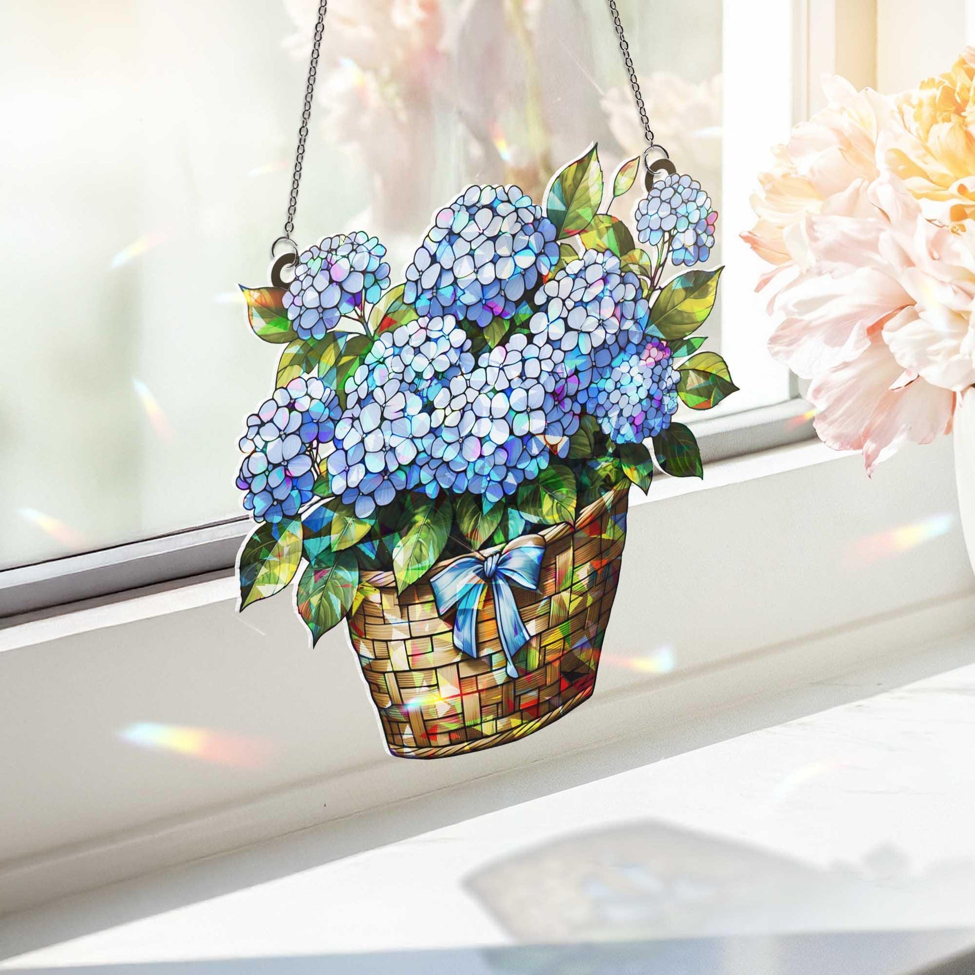 Hydrangea Basket Window Hanging – Blue Floral Style Suncatcher, Garden Lover Gift, Summer Floral Window Decoration