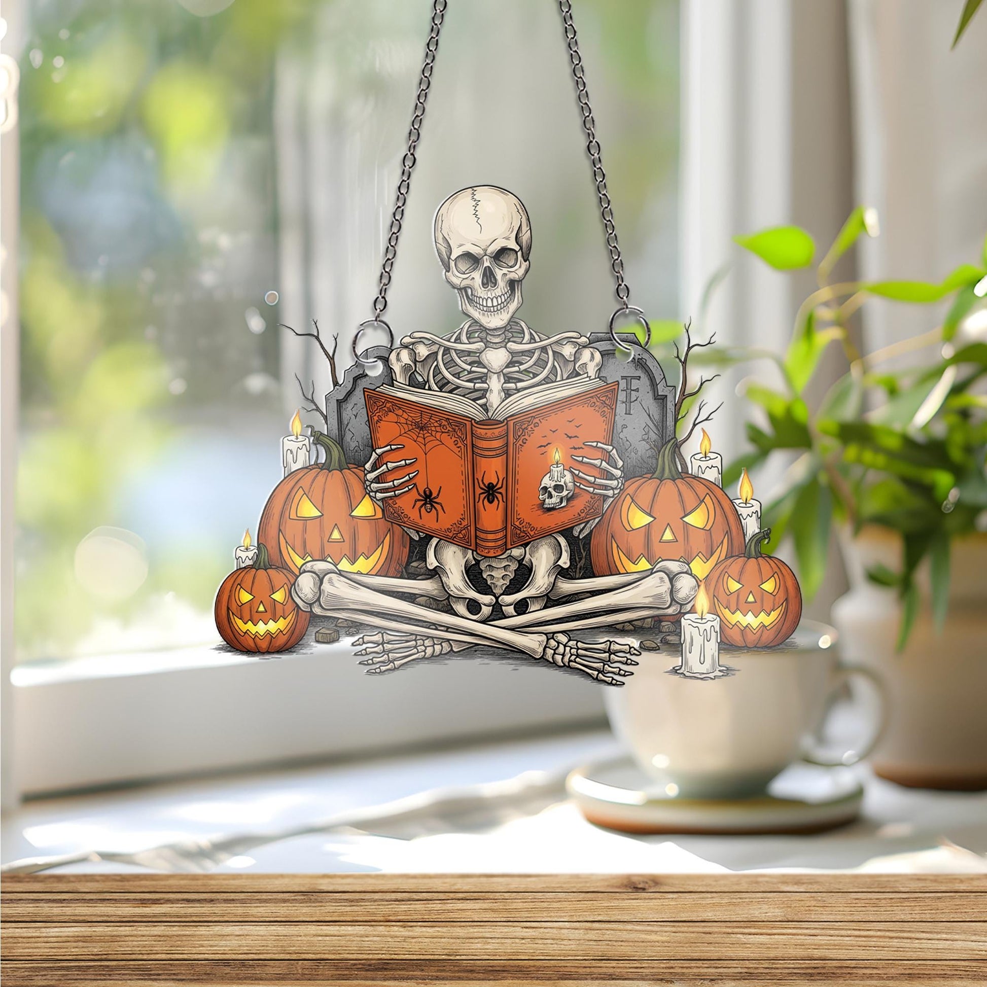 Spooky Reading Skeleton Ornament, Halloween Window Hanging Decor, Gothic Book Lover Gift, Jack O' Lantern Suncatcher, Dark Academia Wall Art