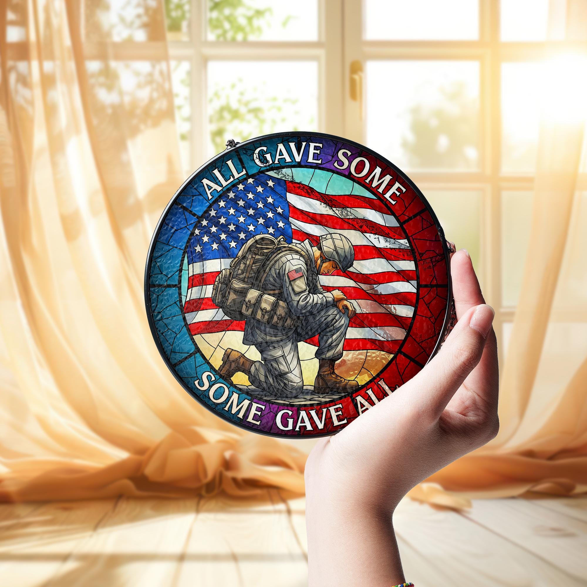 Patriotic Glass Suncatcher, Kneeling Soldier American Flag Memorial Day Decor, All Gave Some Some Gave All, Military Remembrance Gift