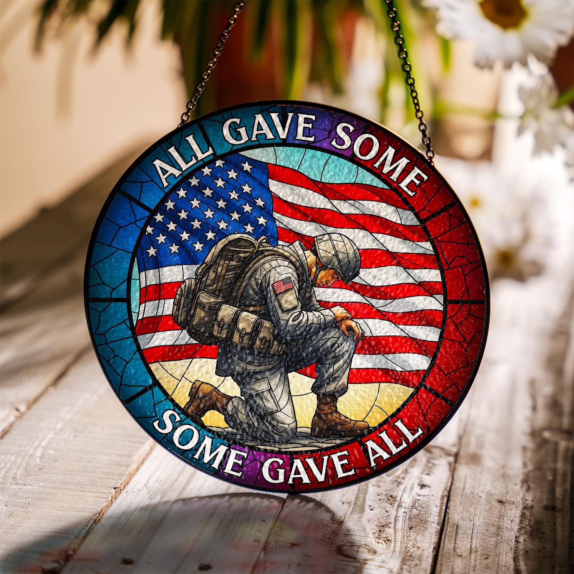 Patriotic Glass Suncatcher, Kneeling Soldier American Flag Memorial Day Decor, All Gave Some Some Gave All, Military Remembrance Gift