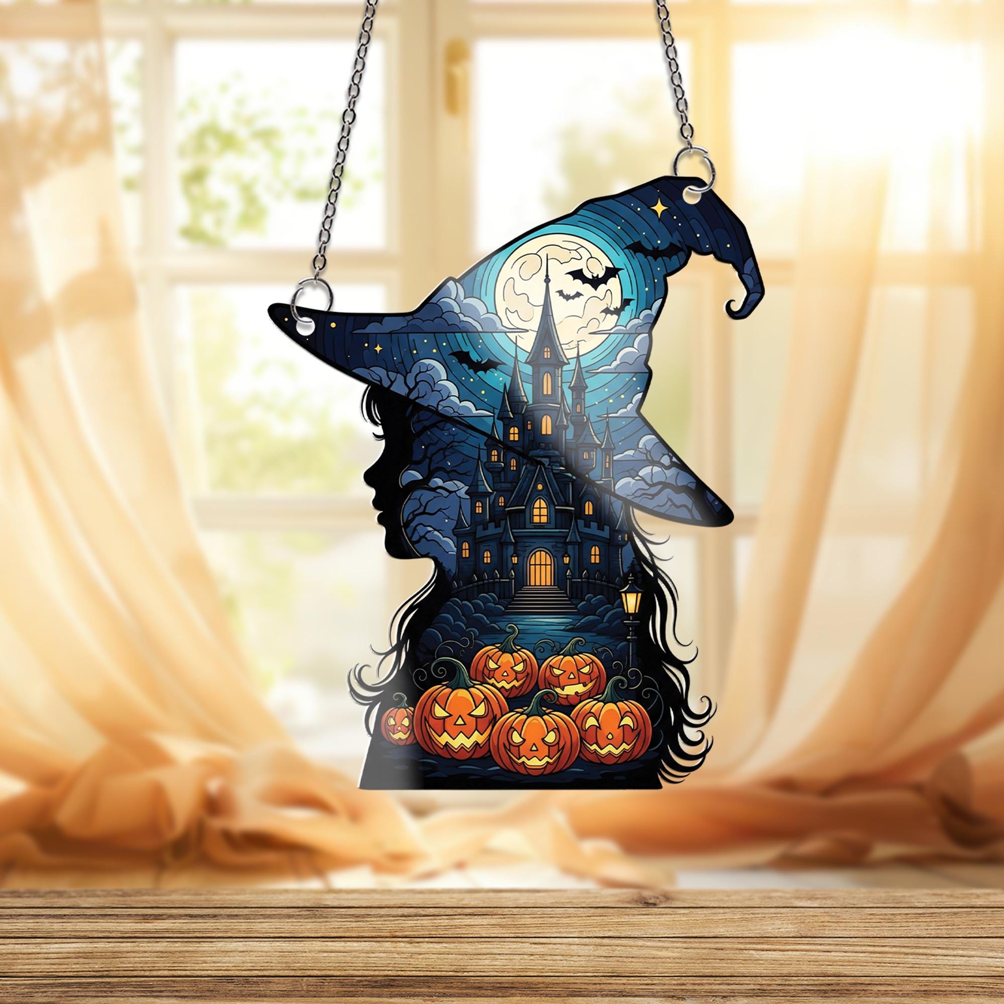Witch Silhouette Suncatcher, Halloween Window Hanging, Haunted House Decor, Spooky Gothic Ornament, Jack O' Lantern Wall Art
