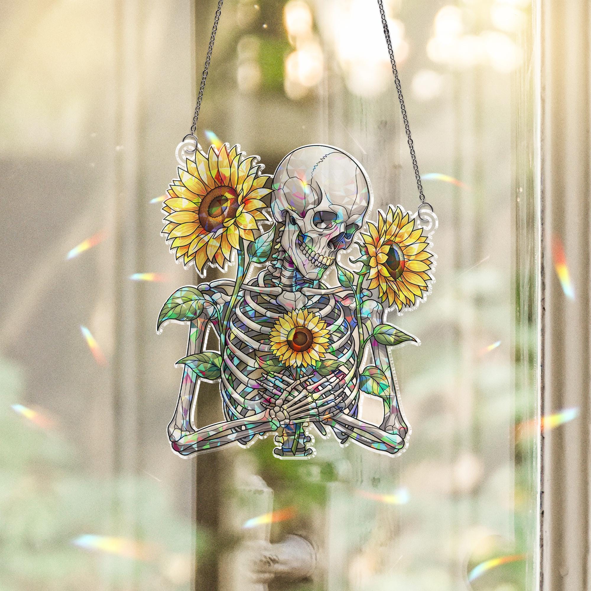 Sunflower Skeleton Suncatcher, Gothic Floral Window Hanging, Cottagecore Goth Decor, Stained Glass Style Wall Art, Boho Prism Maker
