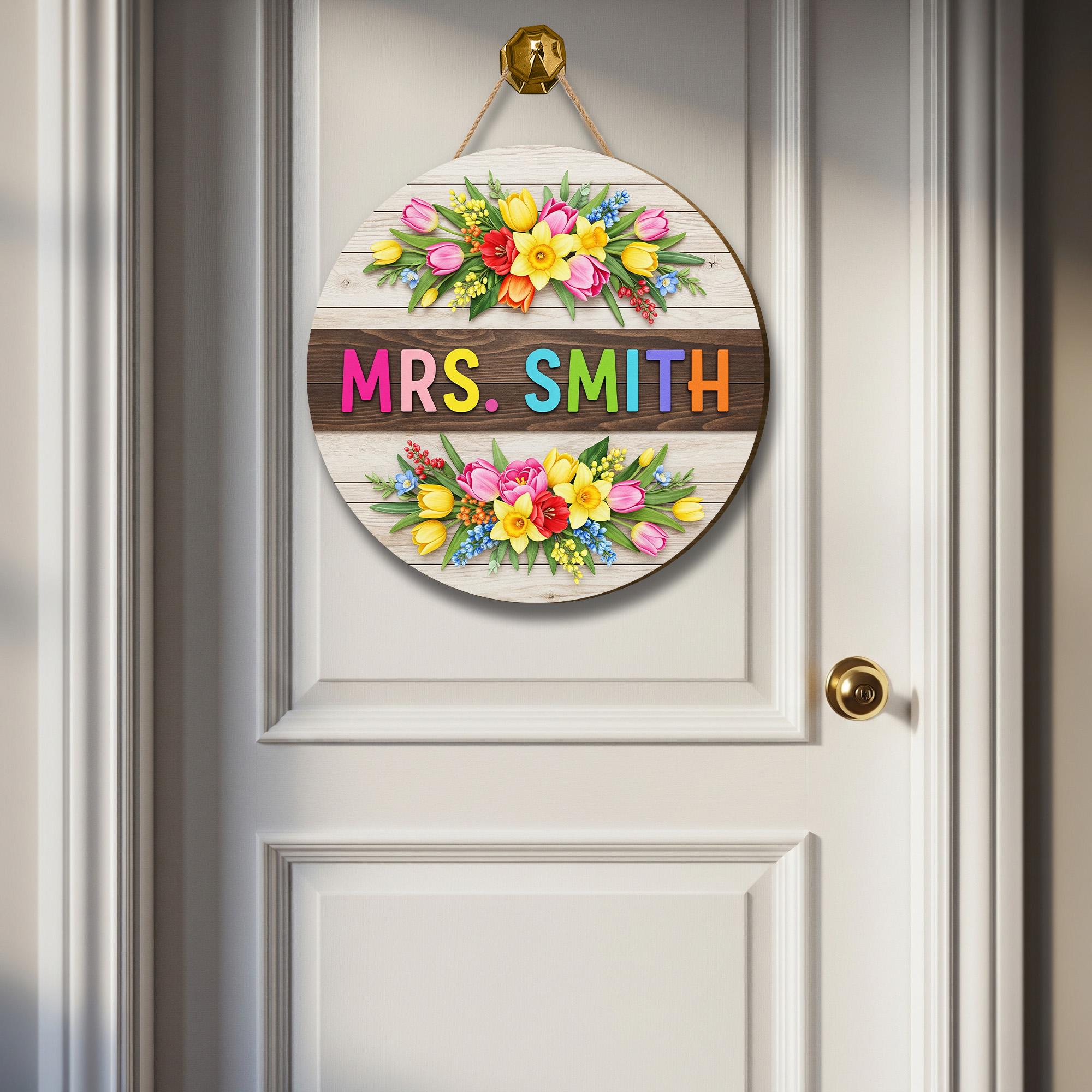 Personalized Teacher Door Sign Wood 2 Layer Door Sign with Colorful Flowers and Name – Custom Classroom Decor Gift, Floral Sign Decor