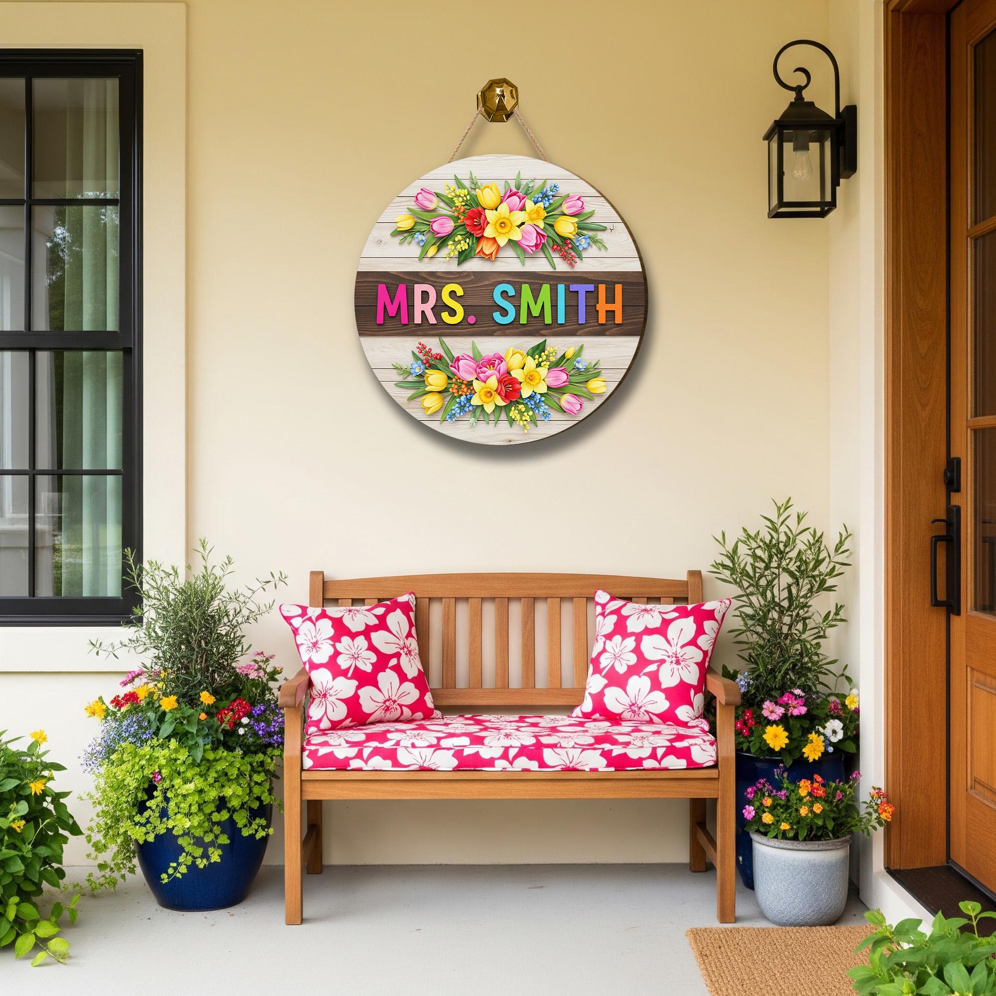 Personalized Teacher Door Sign Wood 2 Layer Door Sign with Colorful Flowers and Name – Custom Classroom Decor Gift, Floral Sign Decor
