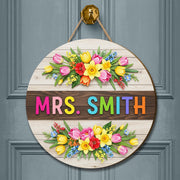 Personalized Teacher Door Sign Wood 2 Layer Door Sign with Colorful Flowers and Name – Custom Classroom Decor Gift, Floral Sign Decor