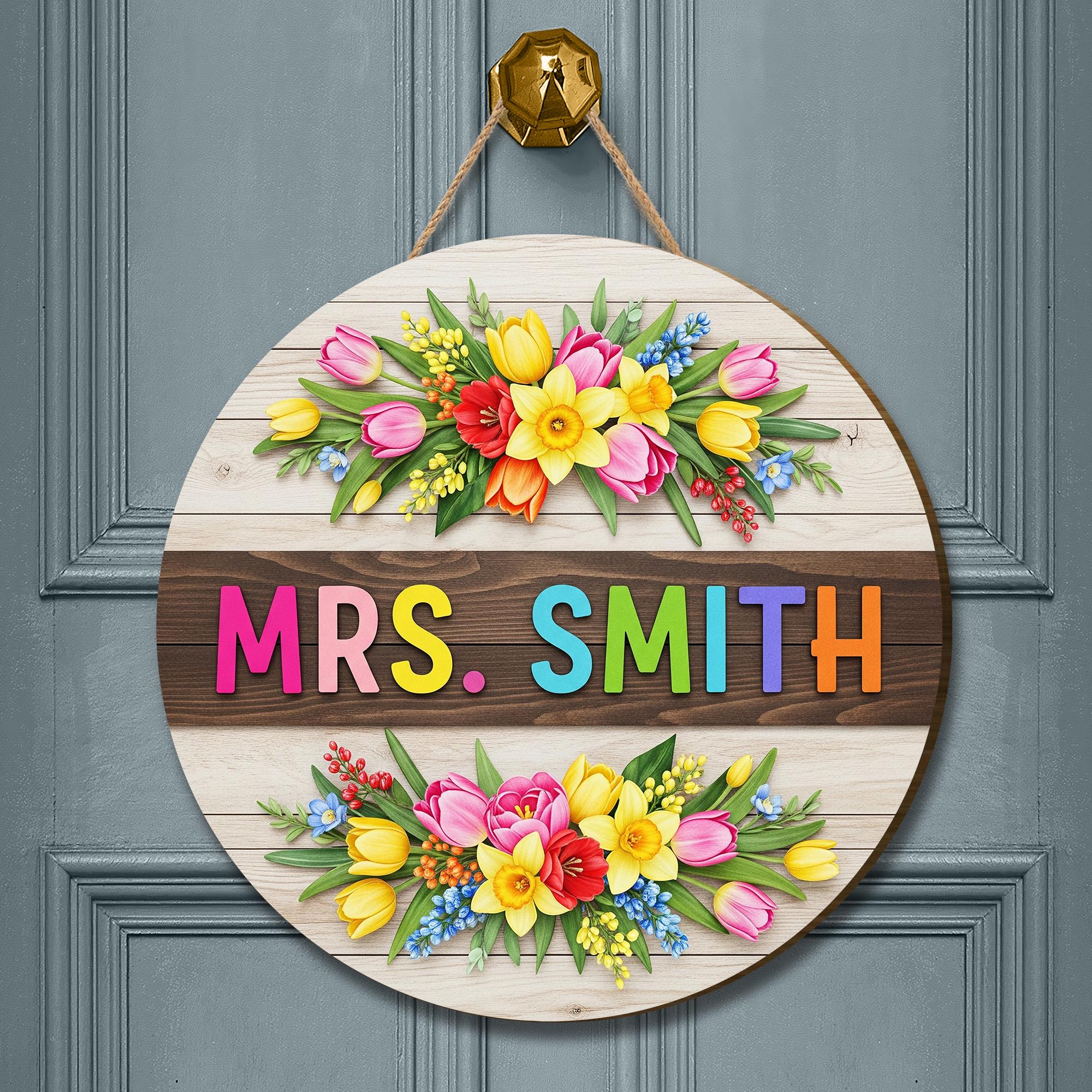 Personalized Teacher Door Sign Wood 2 Layer Door Sign with Colorful Flowers and Name – Custom Classroom Decor Gift, Floral Sign Decor