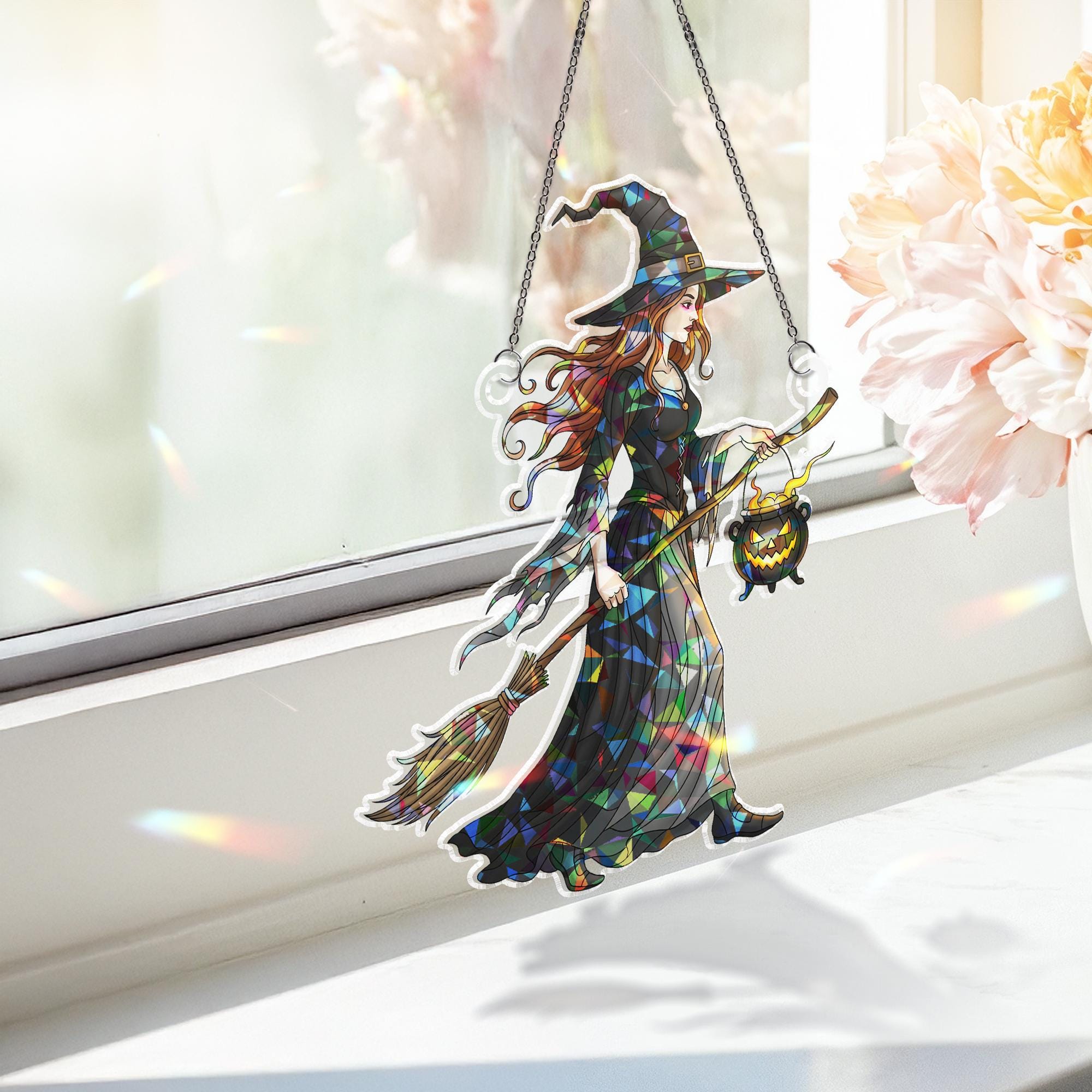 Stained Glass Witch Suncatcher, Halloween Window Hanging, Gothic Prism Maker Decor, Witchy Cauldron Art, Boho Wall Decor