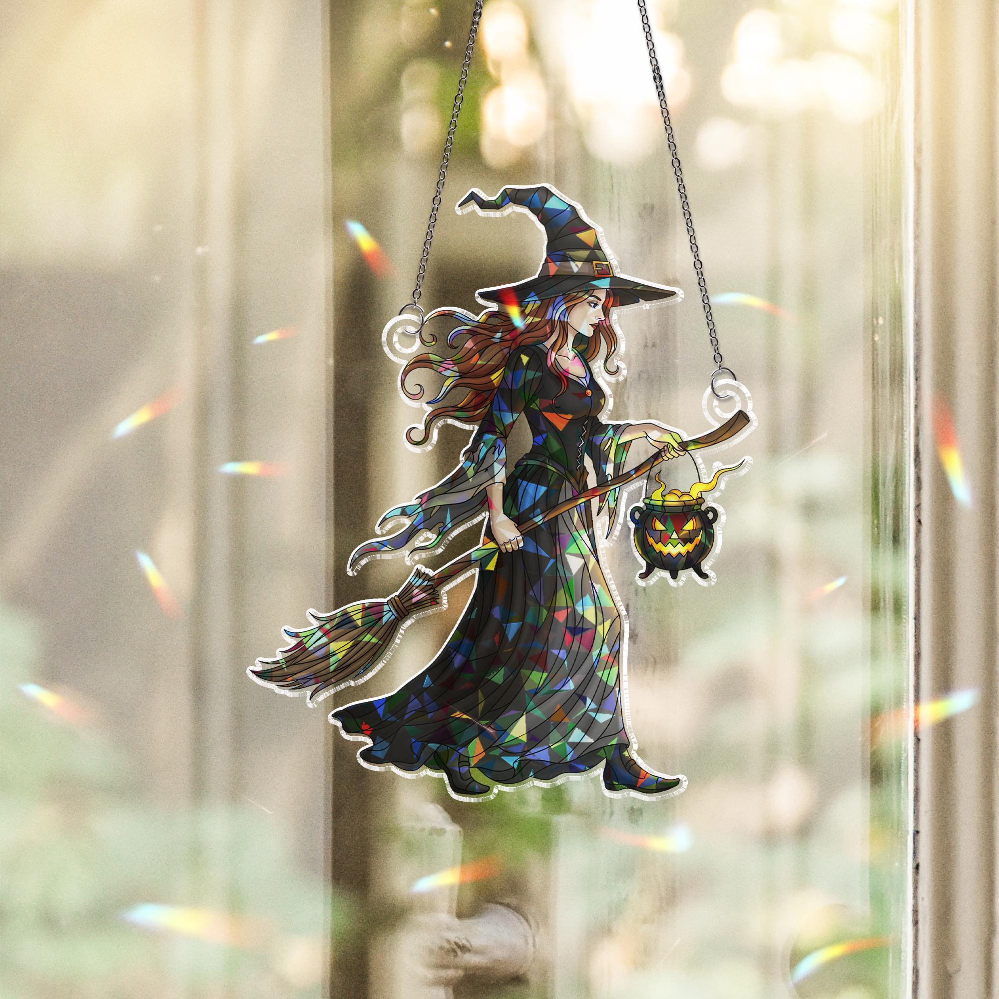 Stained Glass Witch Suncatcher, Halloween Window Hanging, Gothic Prism Maker Decor, Witchy Cauldron Art, Boho Wall Decor