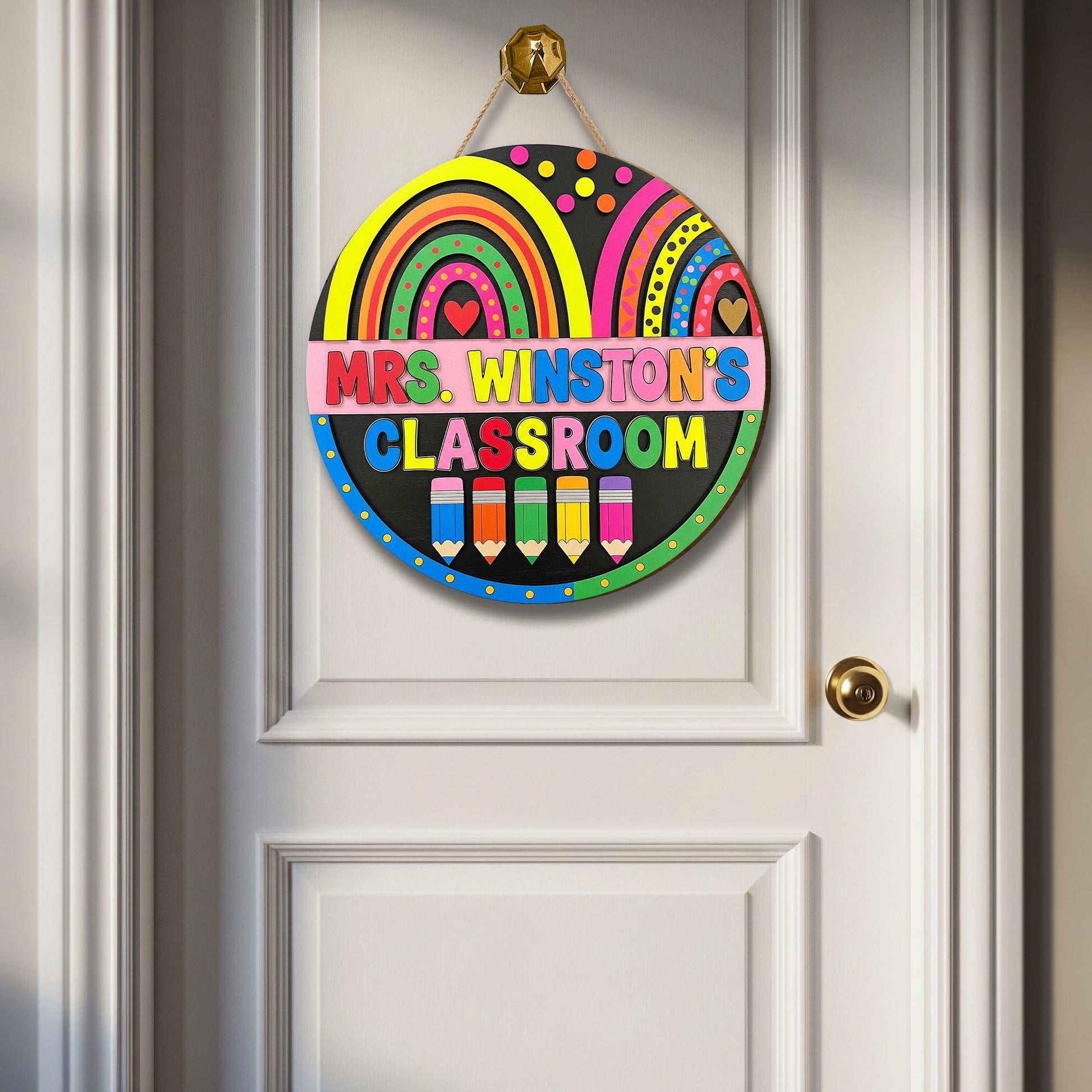 Personalized Teacher Classroom 2 Layer Wooden Door Sign – Rainbow Pencil Custom Name Plaque for School Decor or Teacher Back to School Gift