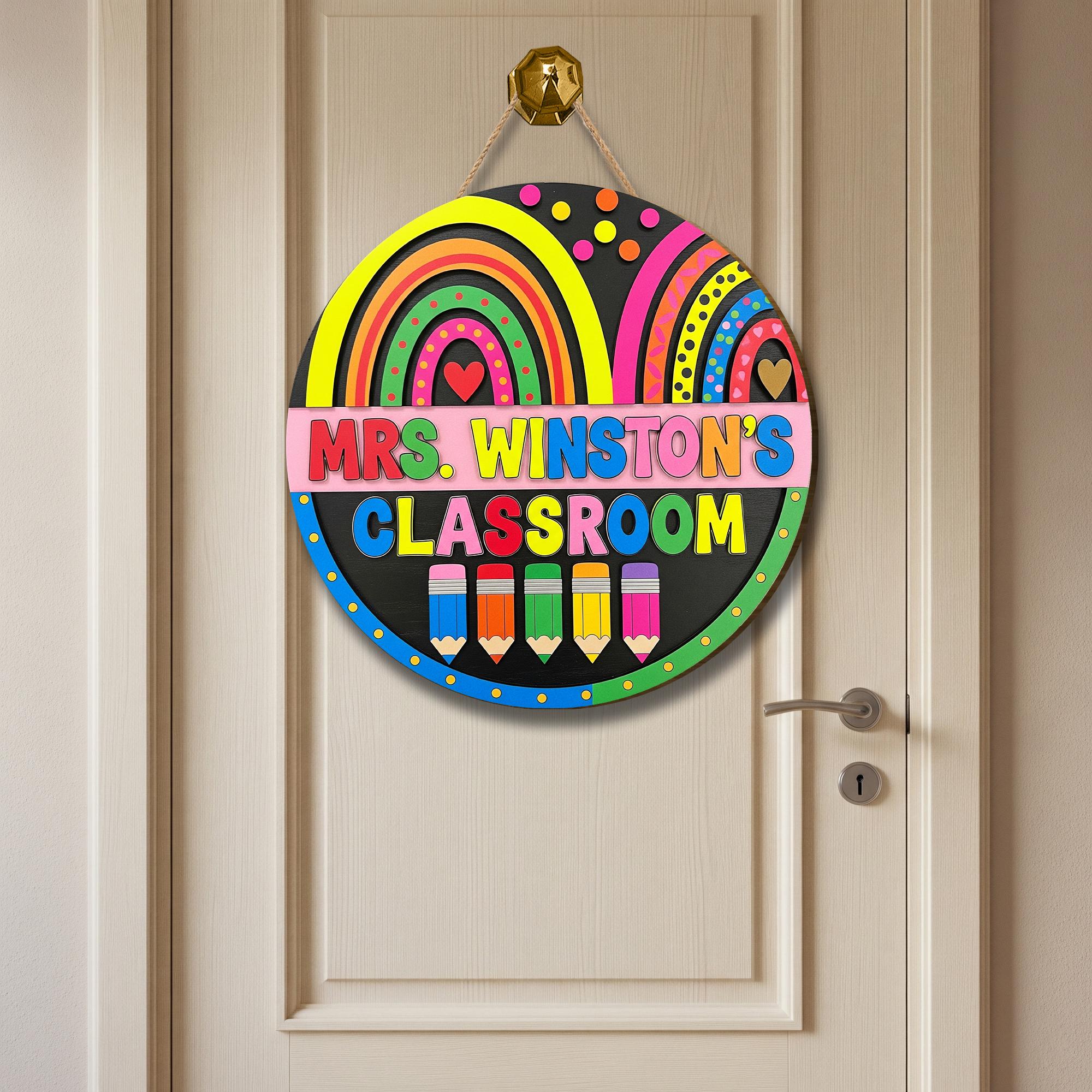 Personalized Teacher Classroom 2 Layer Wooden Door Sign – Rainbow Pencil Custom Name Plaque for School Decor or Teacher Back to School Gift