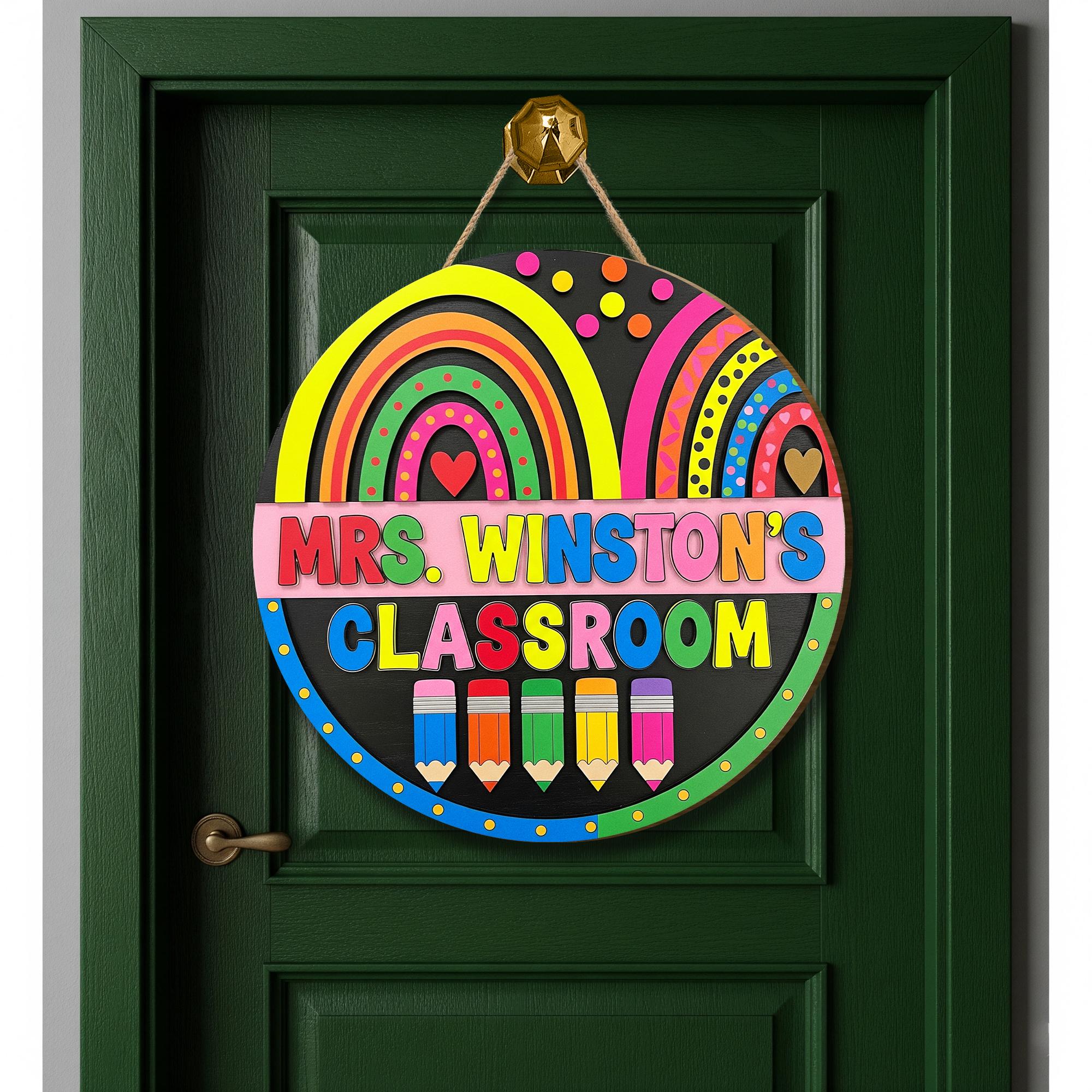Personalized Teacher Classroom 2 Layer Wooden Door Sign – Rainbow Pencil Custom Name Plaque for School Decor or Teacher Back to School Gift