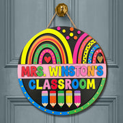 Personalized Teacher Classroom 2 Layer Wooden Door Sign – Rainbow Pencil Custom Name Plaque for School Decor or Teacher Back to School Gift