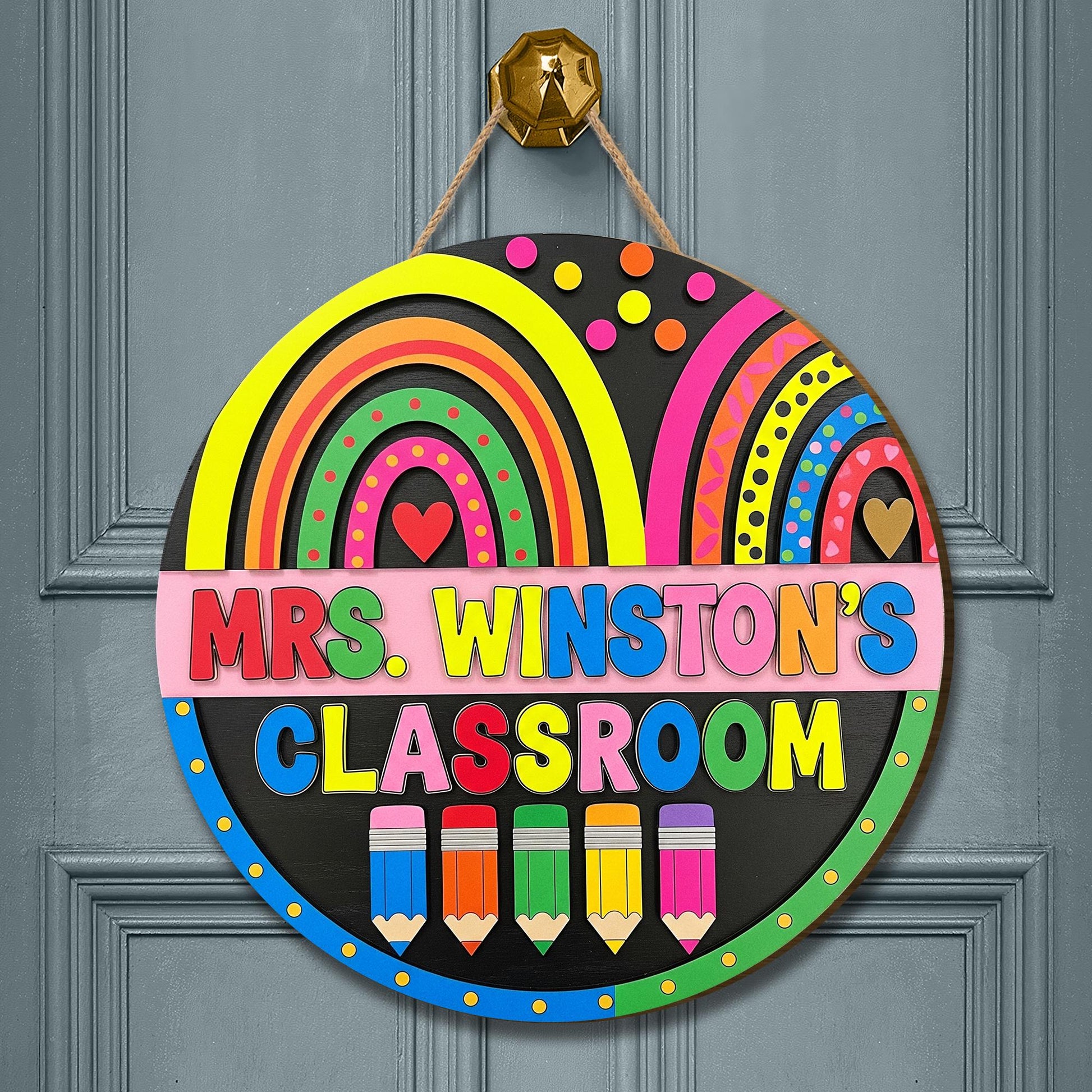 Personalized Teacher Classroom 2 Layer Wooden Door Sign – Rainbow Pencil Custom Name Plaque for School Decor or Teacher Back to School Gift