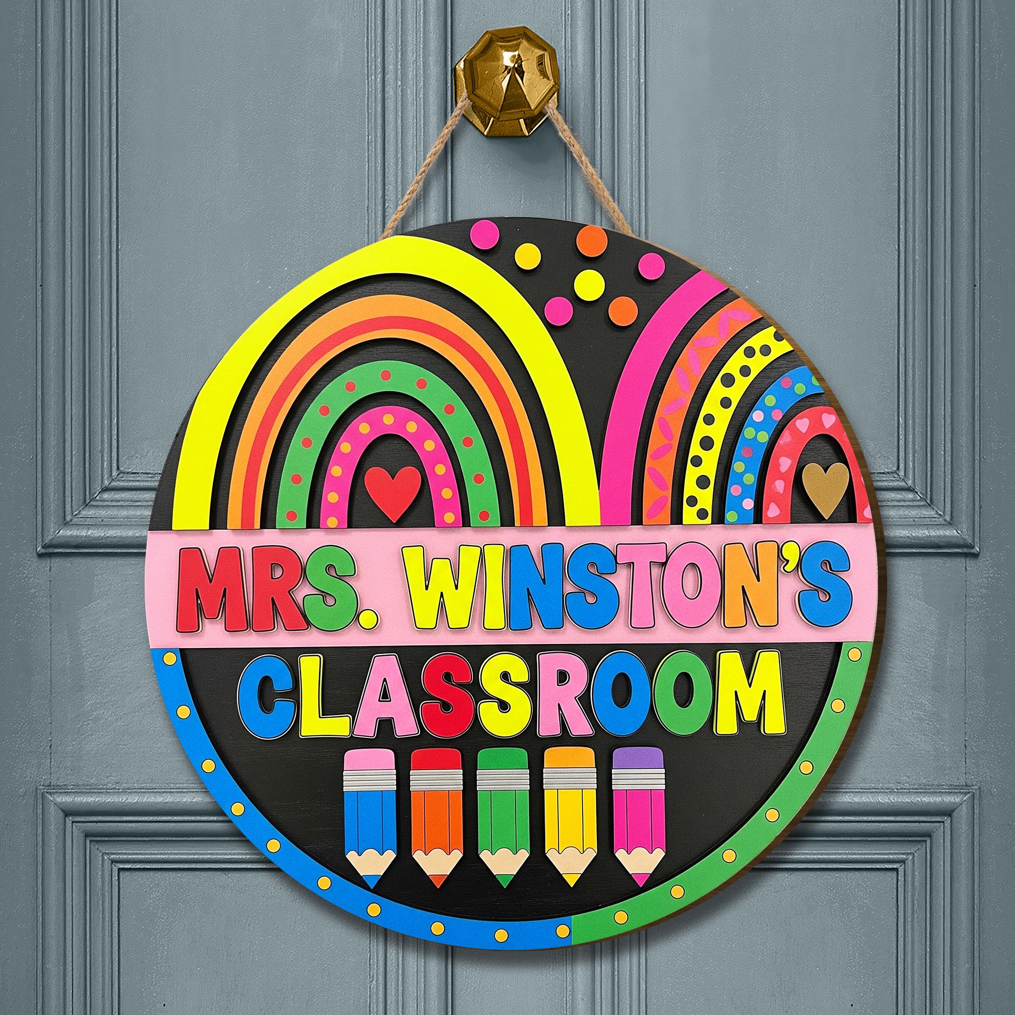 Personalized Teacher Classroom 2 Layer Wooden Door Sign – Rainbow Pencil Custom Name Plaque for School Decor or Teacher Back to School Gift