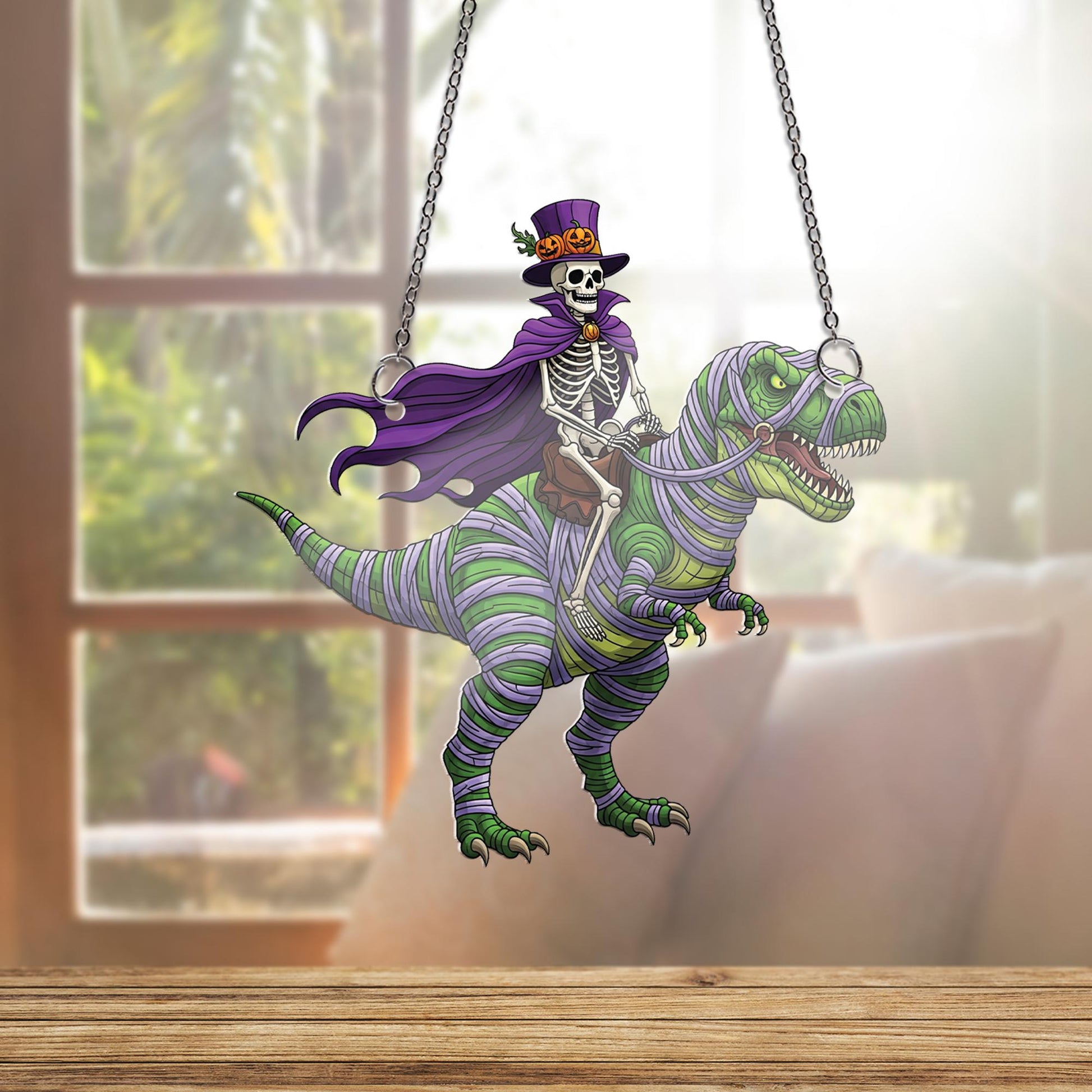 Skeleton Riding T-Rex Ornament, Funny Halloween Decor, Mummy Dinosaur Hanging Art, Spooky Top Hat Skeleton, Quirky Wall Plaque