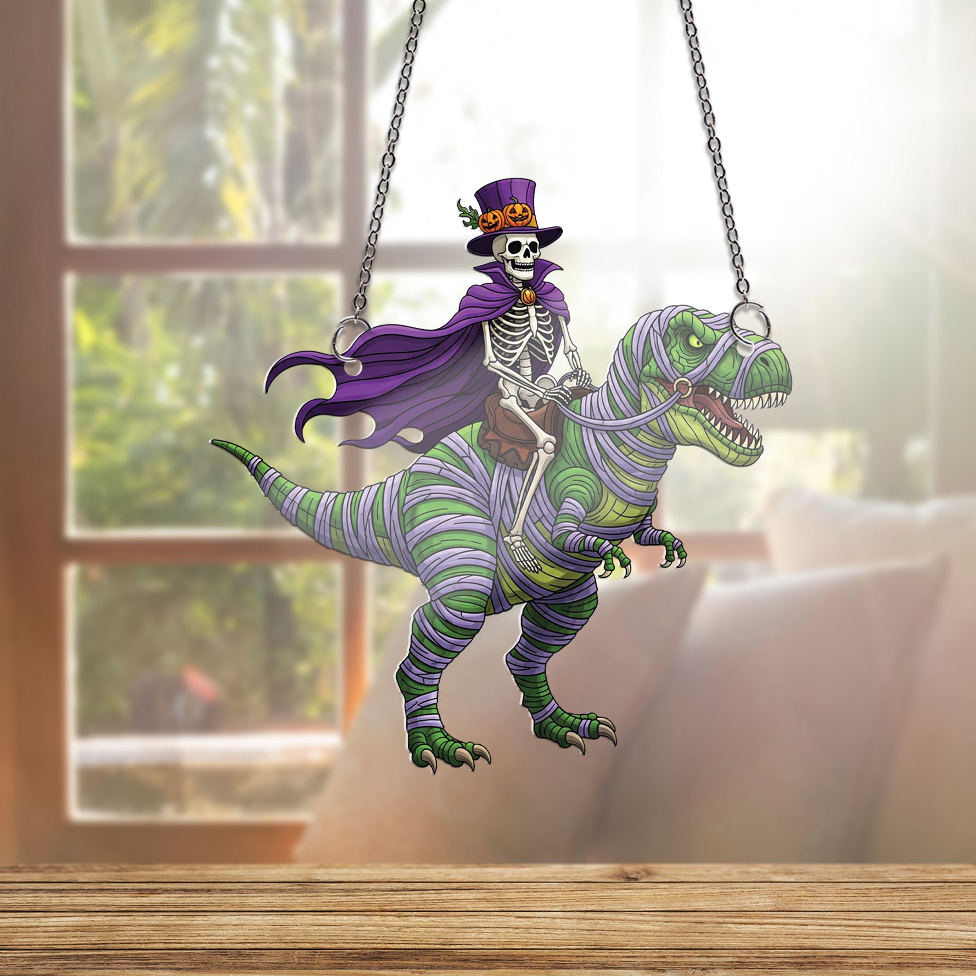 Skeleton Riding T-Rex Ornament, Funny Halloween Decor, Mummy Dinosaur Hanging Art, Spooky Top Hat Skeleton, Quirky Wall Plaque