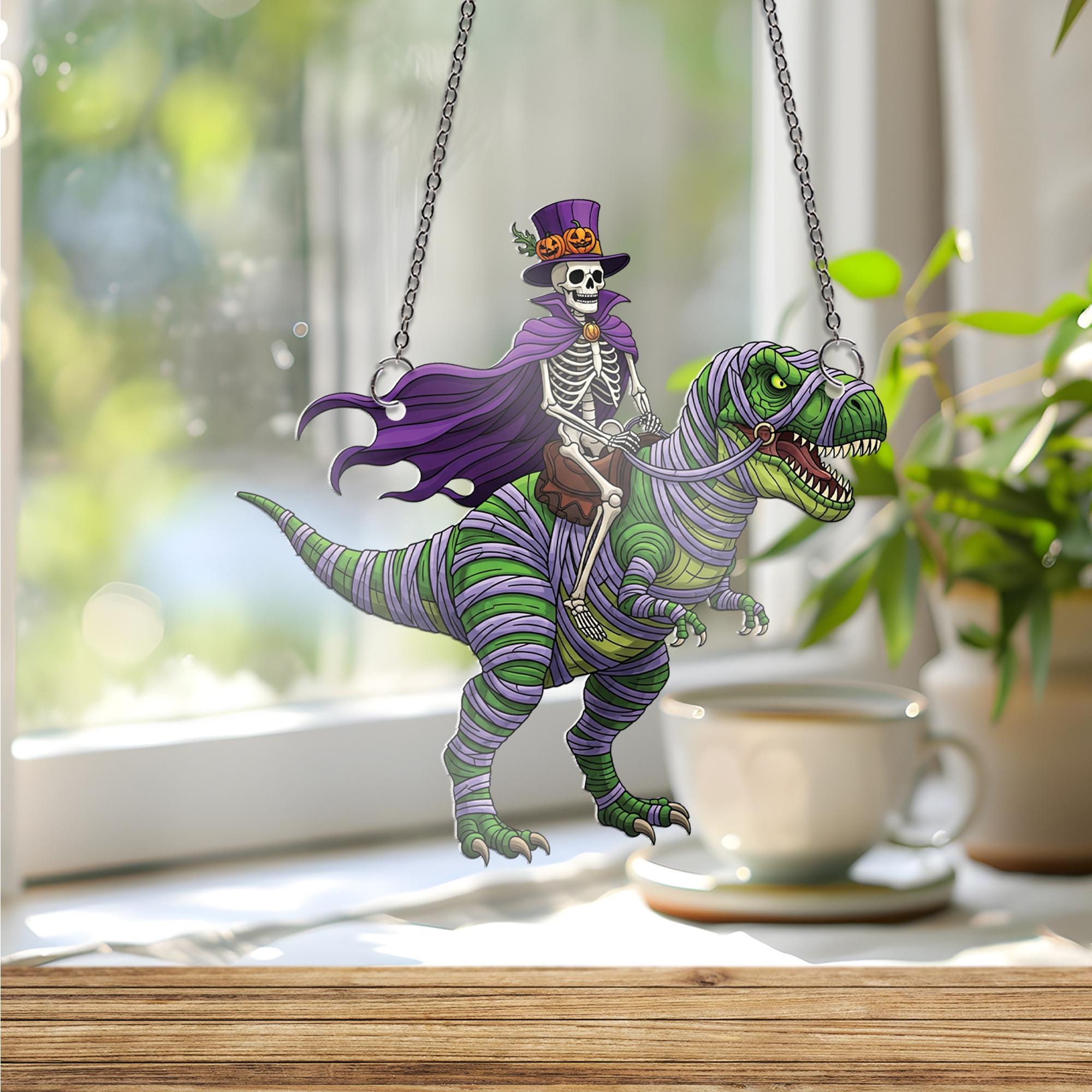 Skeleton Riding T-Rex Ornament, Funny Halloween Decor, Mummy Dinosaur Hanging Art, Spooky Top Hat Skeleton, Quirky Wall Plaque