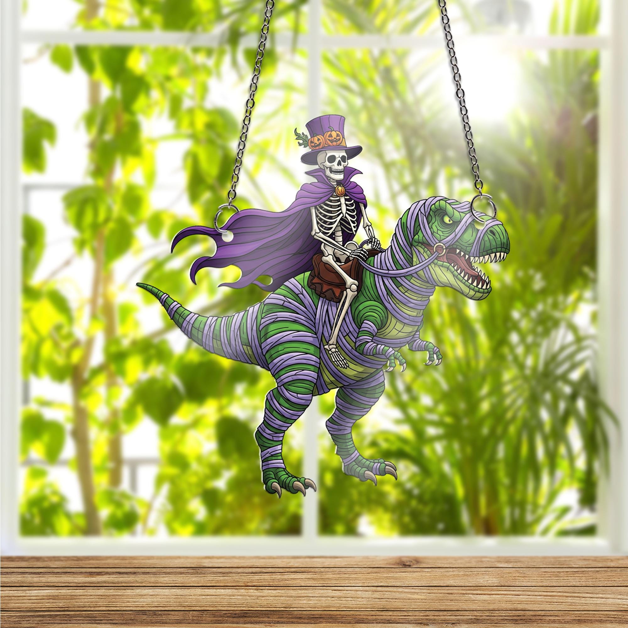 Skeleton Riding T-Rex Ornament, Funny Halloween Decor, Mummy Dinosaur Hanging Art, Spooky Top Hat Skeleton, Quirky Wall Plaque