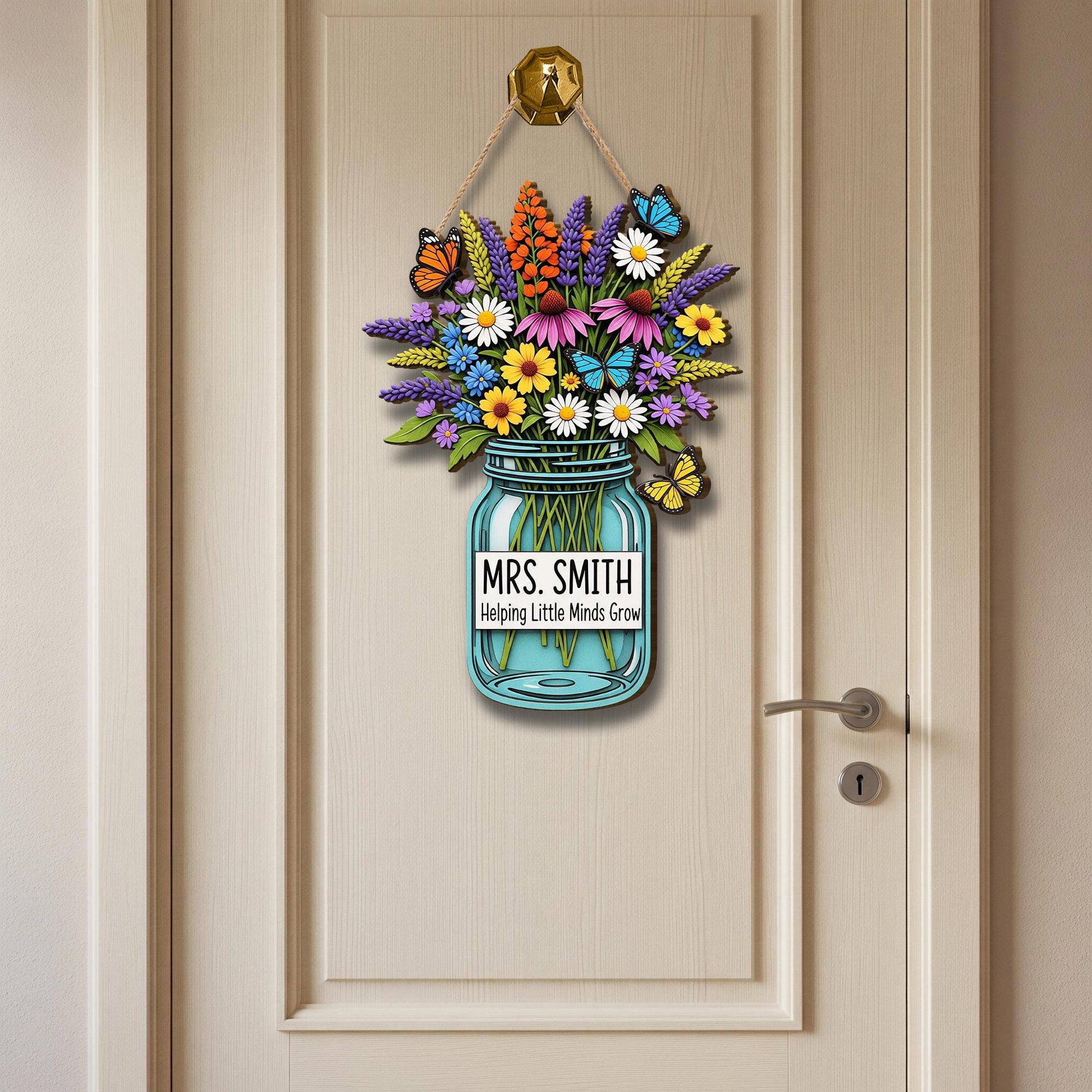Personalized Teacher Door Sign with Jar and Wildflowers – “Helping Little Minds Grow” Custom Classroom Decor Gift for Teachers, Educators