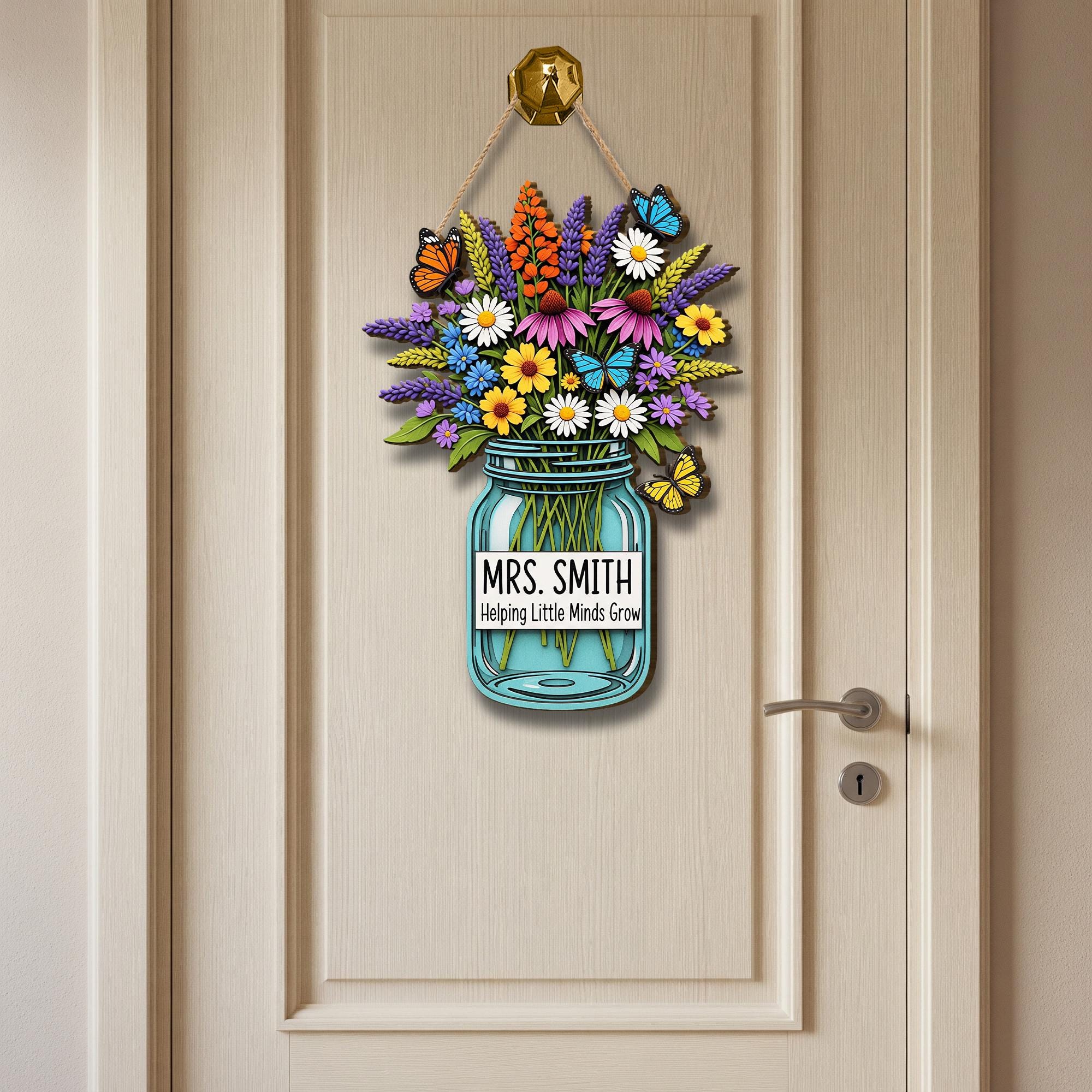 Personalized Teacher Door Sign with Jar and Wildflowers – “Helping Little Minds Grow” Custom Classroom Decor Gift for Teachers, Educators