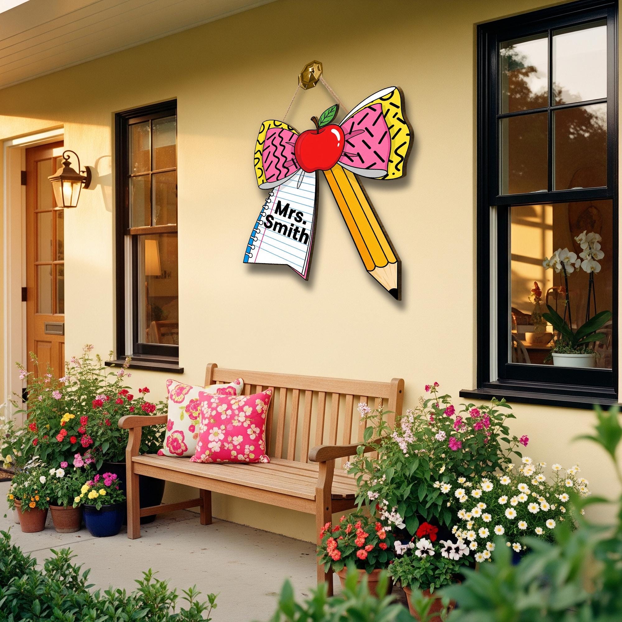Personalized Teacher Bow Door Sign with Apple, Pencil & Notebook – Fun Custom Classroom Name Plaque for Back to School Decor