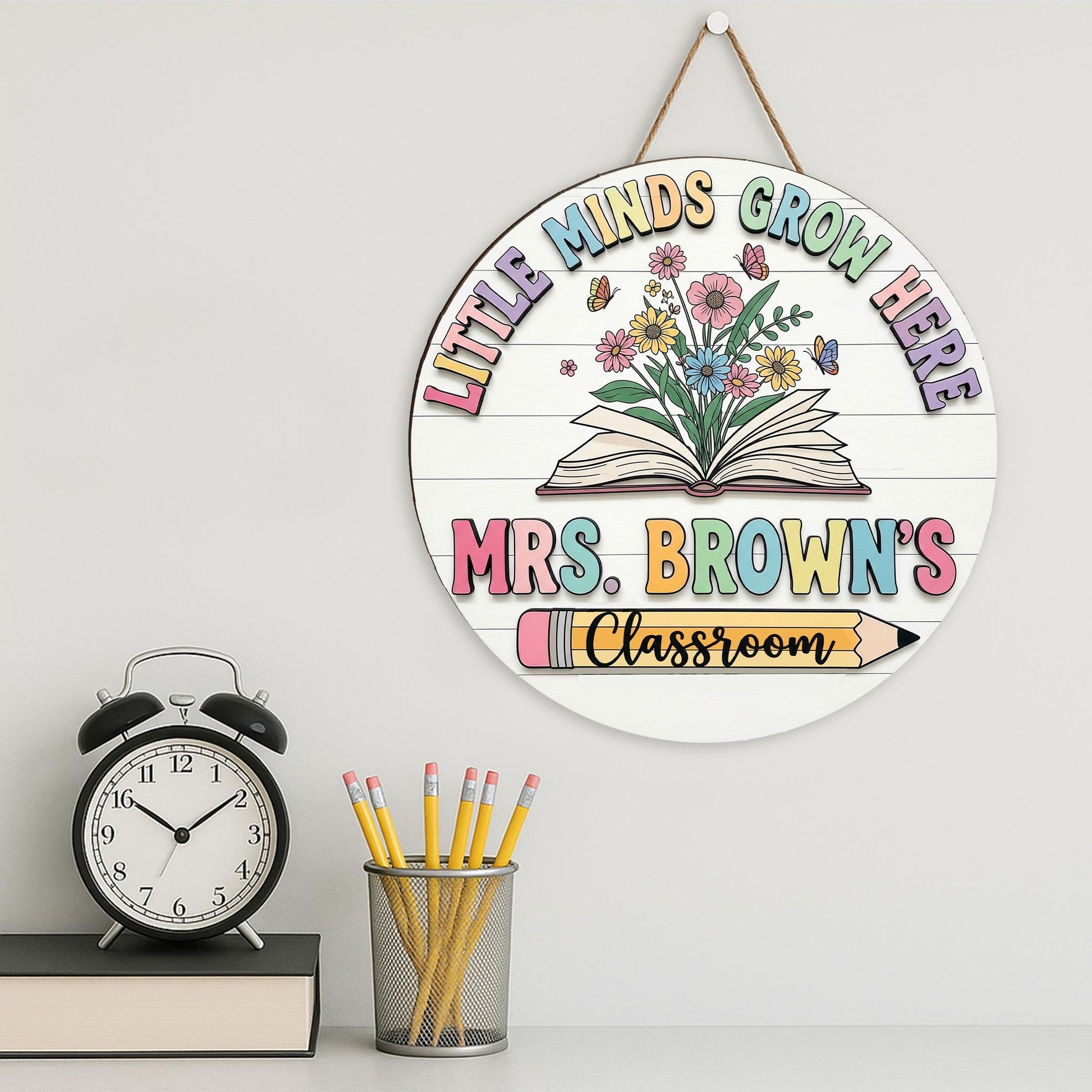 Little Minds Grow Here Sign, Teacher Classroom Decor, Custom Teacher Wooden Door Sign, 2 Layer Custom Name Plaque, School Gift Idea