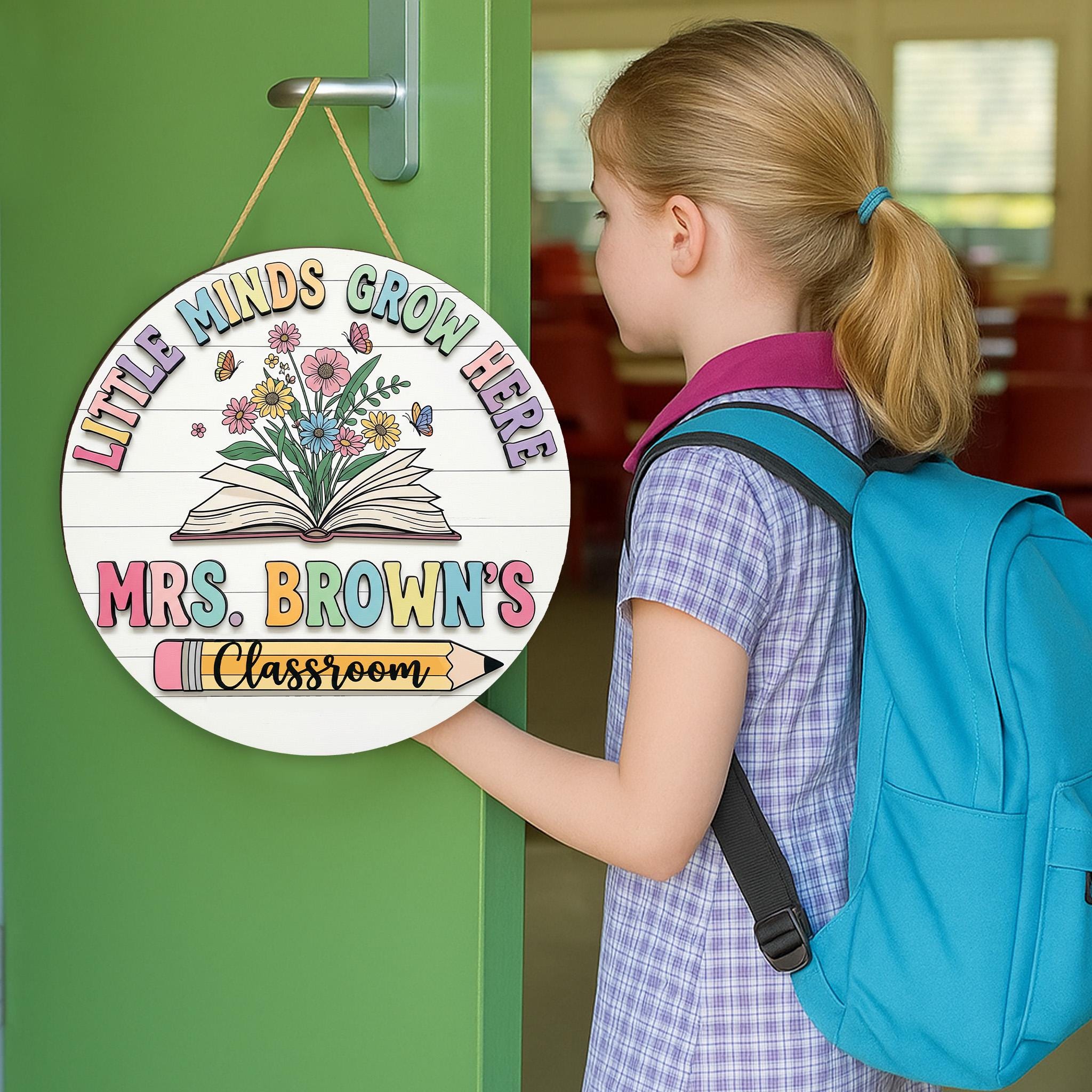 Little Minds Grow Here Sign, Teacher Classroom Decor, Custom Teacher Wooden Door Sign, 2 Layer Custom Name Plaque, School Gift Idea