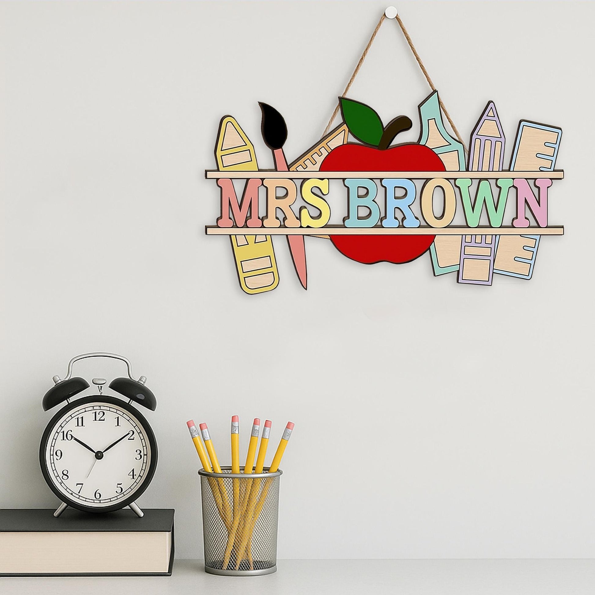 Personalized Teacher Sign, 2 Layer Wooden Classroom Decor, Custom Teacher Name Door Hanger, Back to School Gift, Apple Theme Sign