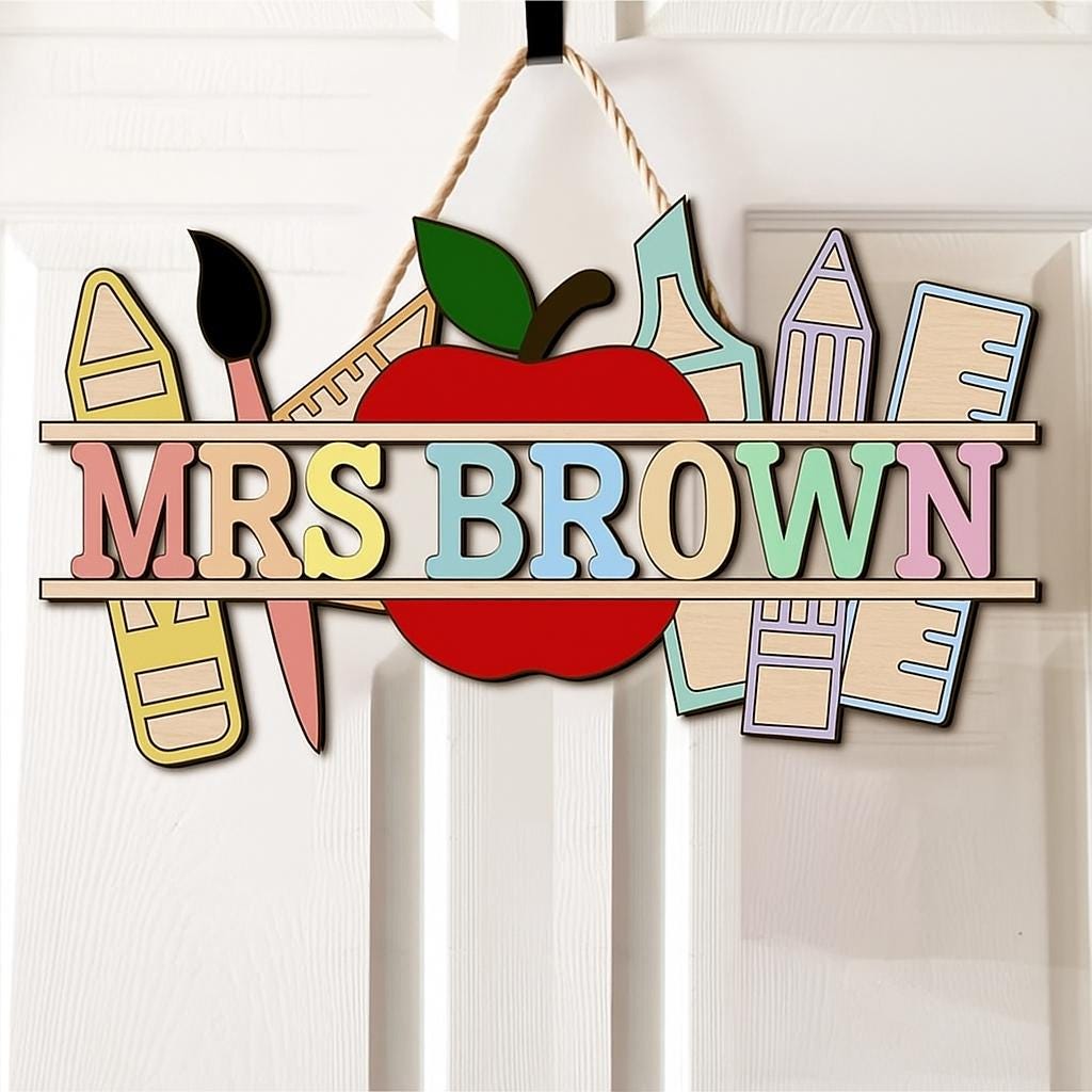 Personalized Teacher Sign, 2 Layer Wooden Classroom Decor, Custom Teacher Name Door Hanger, Back to School Gift, Apple Theme Sign