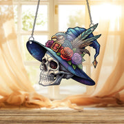 Skull Witch Hat Window Hanging – Faux Stained Glass Halloween Decor with Raven, Flowers & Feathers, Gothic Witchy Suncatcher