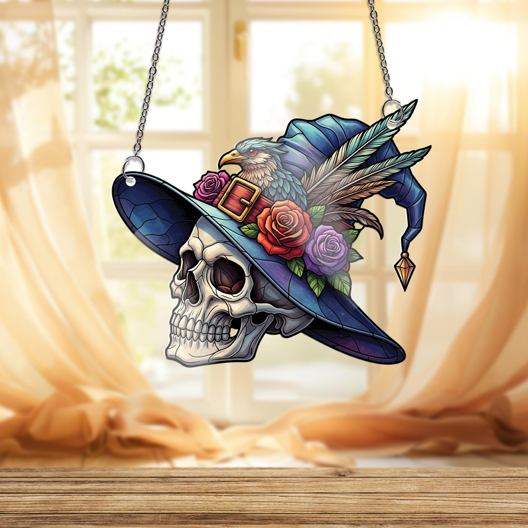 Skull Witch Hat Window Hanging – Faux Stained Glass Halloween Decor with Raven, Flowers & Feathers, Gothic Witchy Suncatcher