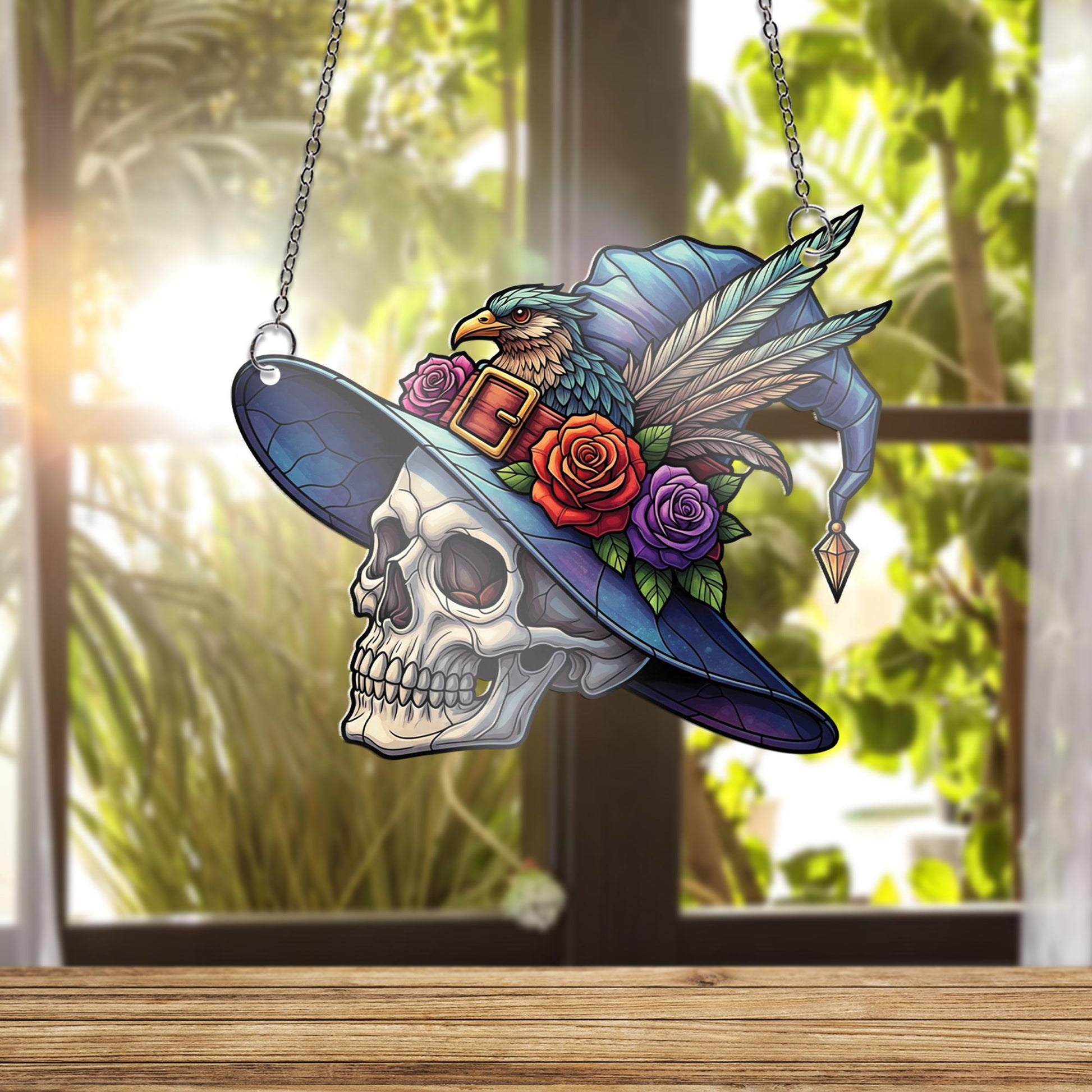 Skull Witch Hat Window Hanging – Faux Stained Glass Halloween Decor with Raven, Flowers & Feathers, Gothic Witchy Suncatcher