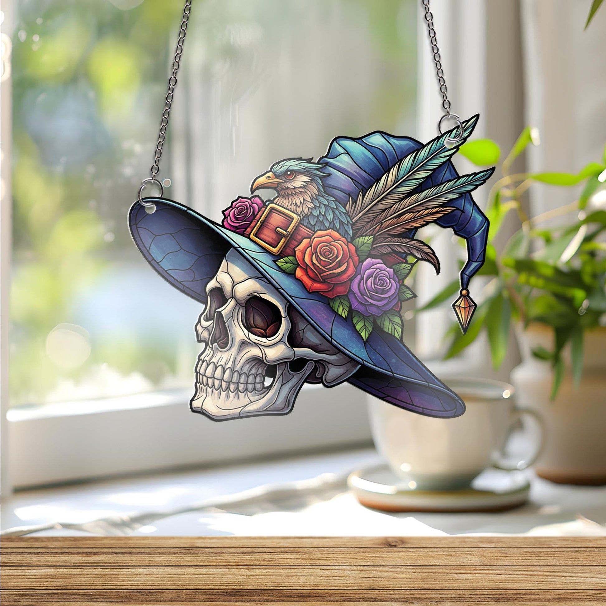 Skull Witch Hat Window Hanging – Faux Stained Glass Halloween Decor with Raven, Flowers & Feathers, Gothic Witchy Suncatcher
