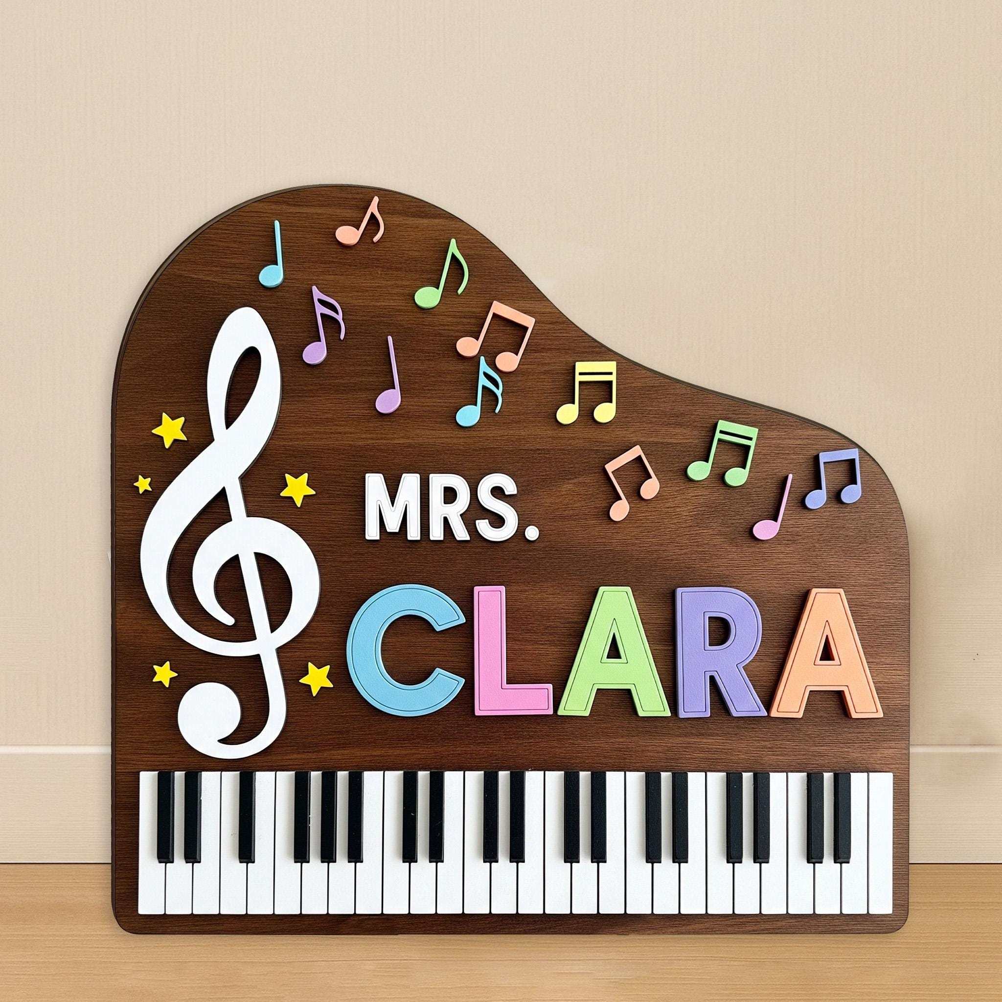 Personalized Music Teacher Sign, 2 Layer Wooden Piano Decor, Custom Name Door Hanger, Treble Clef Classroom Gift, Mrs Clara Sign