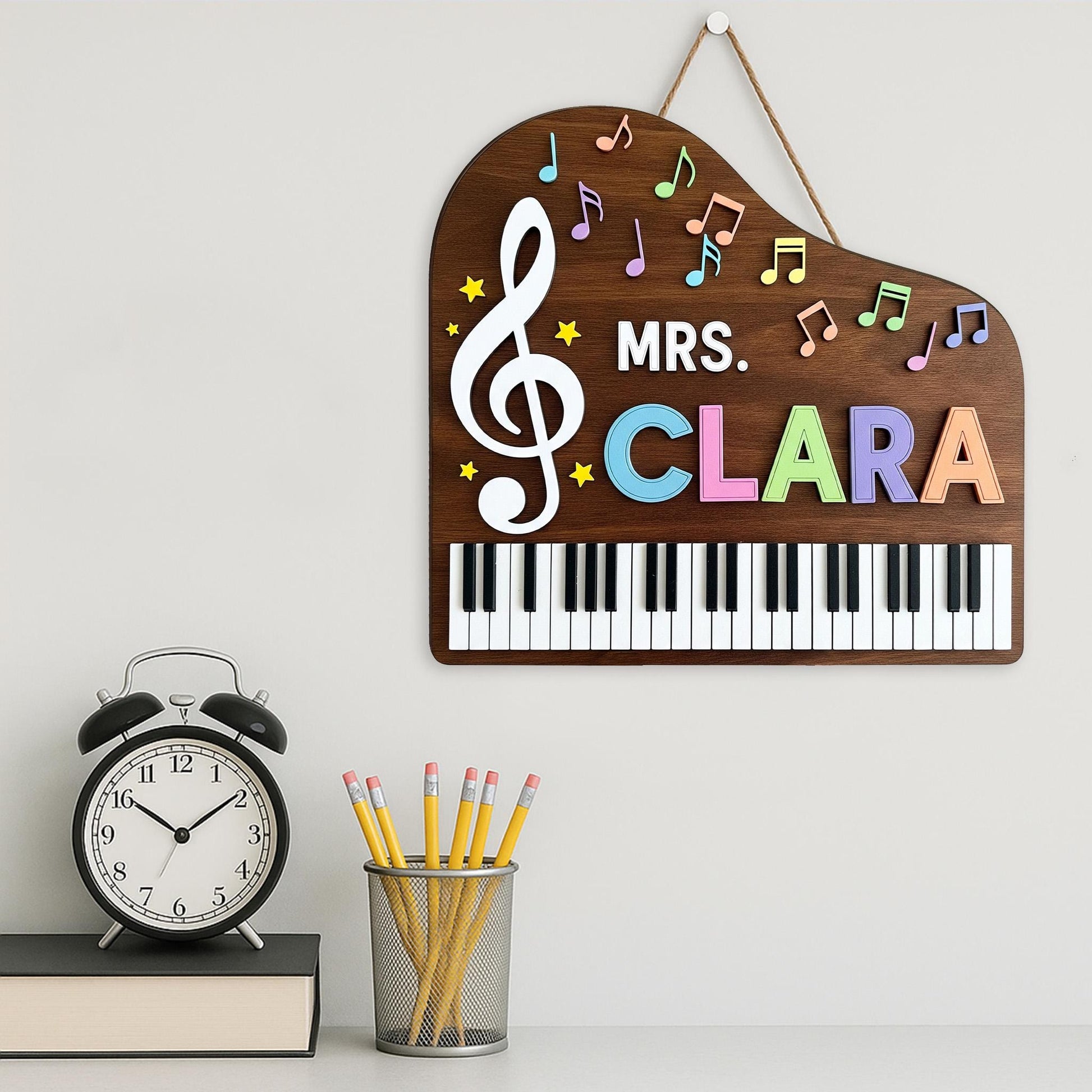 Personalized Music Teacher Sign, 2 Layer Wooden Piano Decor, Custom Name Door Hanger, Treble Clef Classroom Gift, Mrs Clara Sign