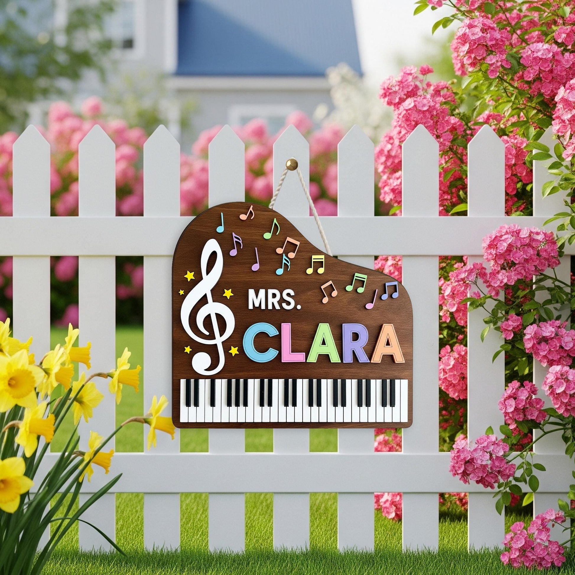Personalized Music Teacher Sign, 2 Layer Wooden Piano Decor, Custom Name Door Hanger, Treble Clef Classroom Gift, Mrs Clara Sign