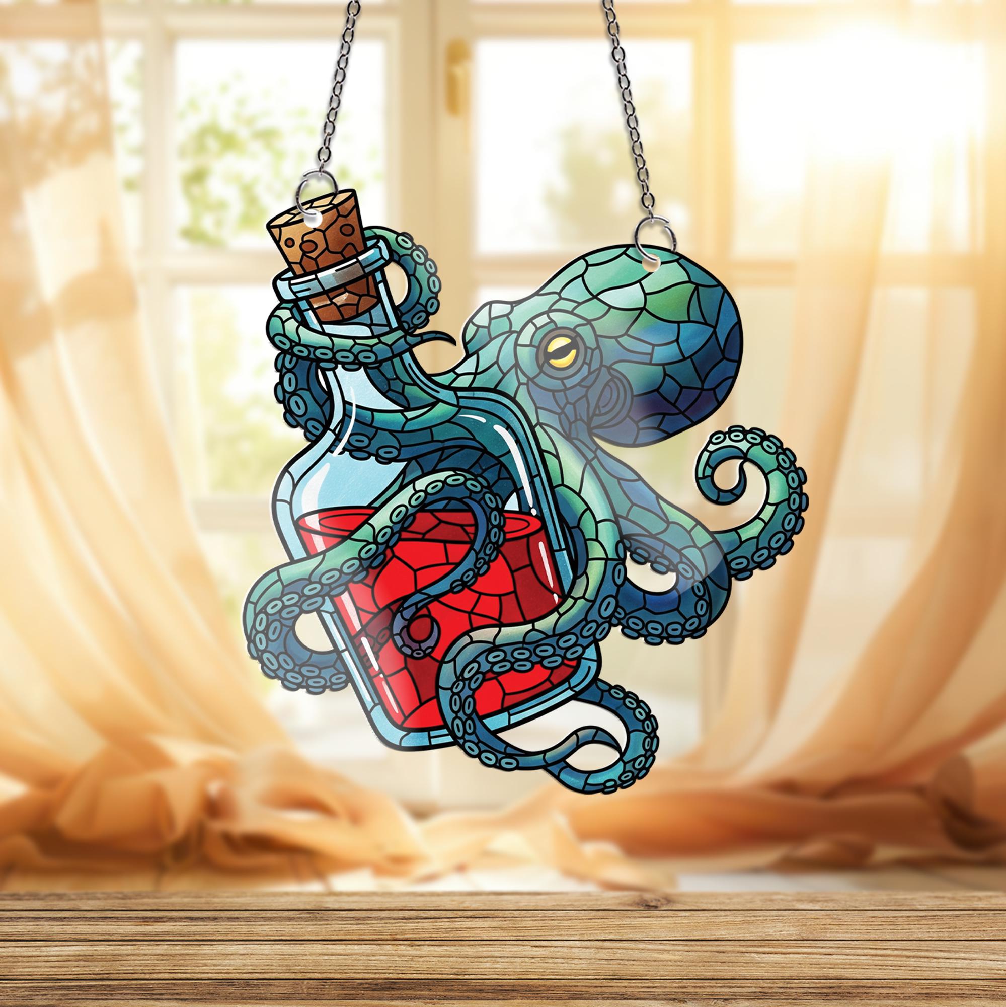 Octopus and Potion Window Hanging – Faux Stained Glass Sea Creature Decor, Nautical Gothic Kraken Suncatcher for Ocean Lovers