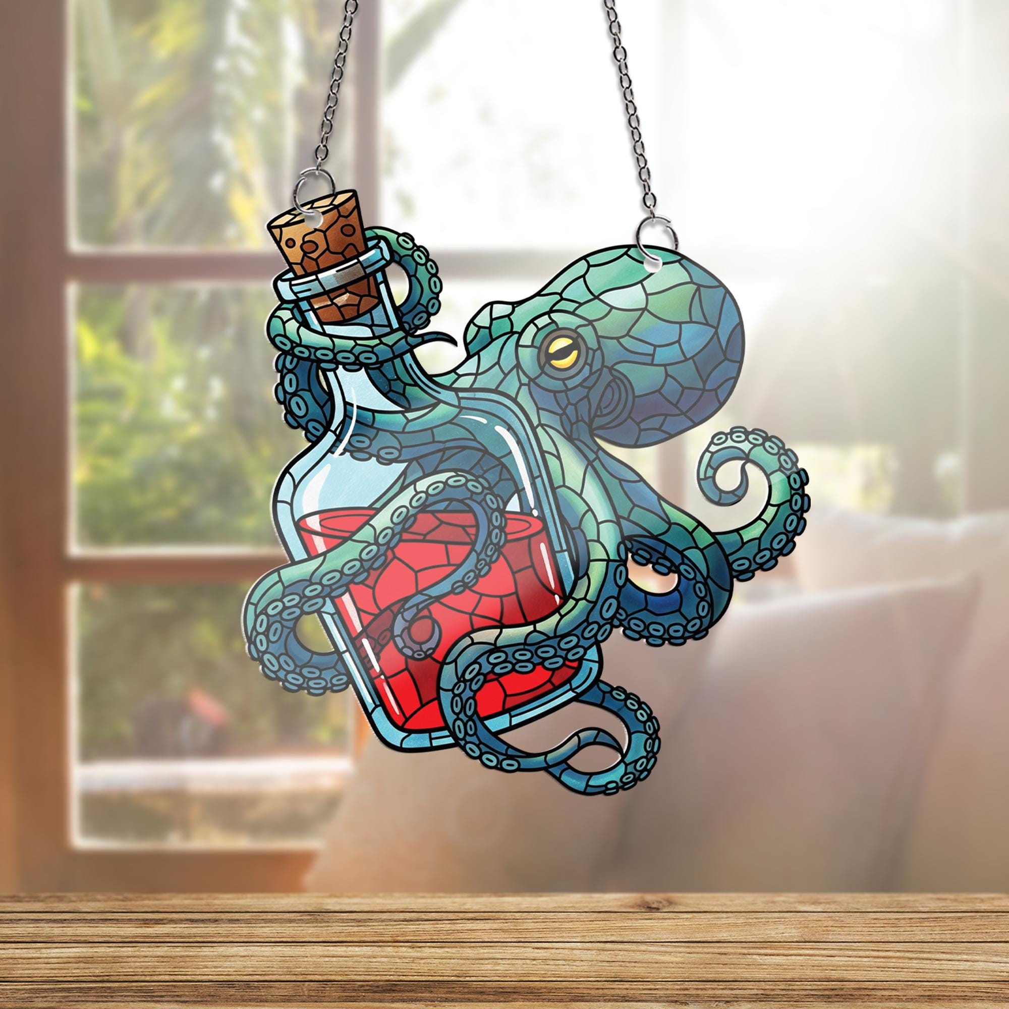 Octopus and Potion Window Hanging – Faux Stained Glass Sea Creature Decor, Nautical Gothic Kraken Suncatcher for Ocean Lovers