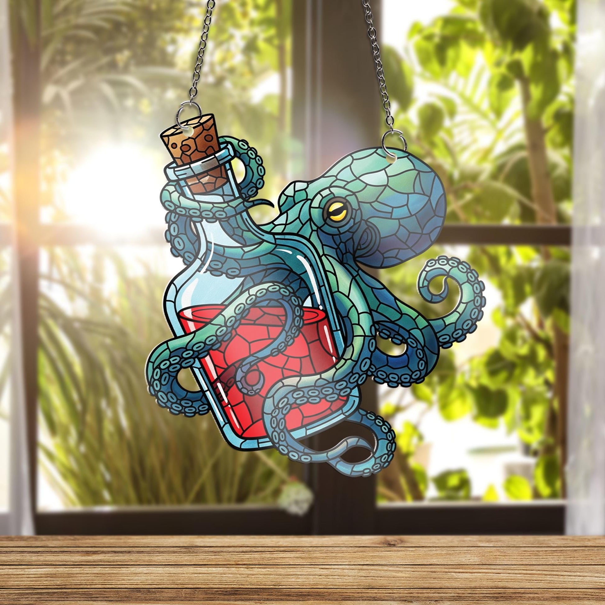 Octopus and Potion Window Hanging – Faux Stained Glass Sea Creature Decor, Nautical Gothic Kraken Suncatcher for Ocean Lovers