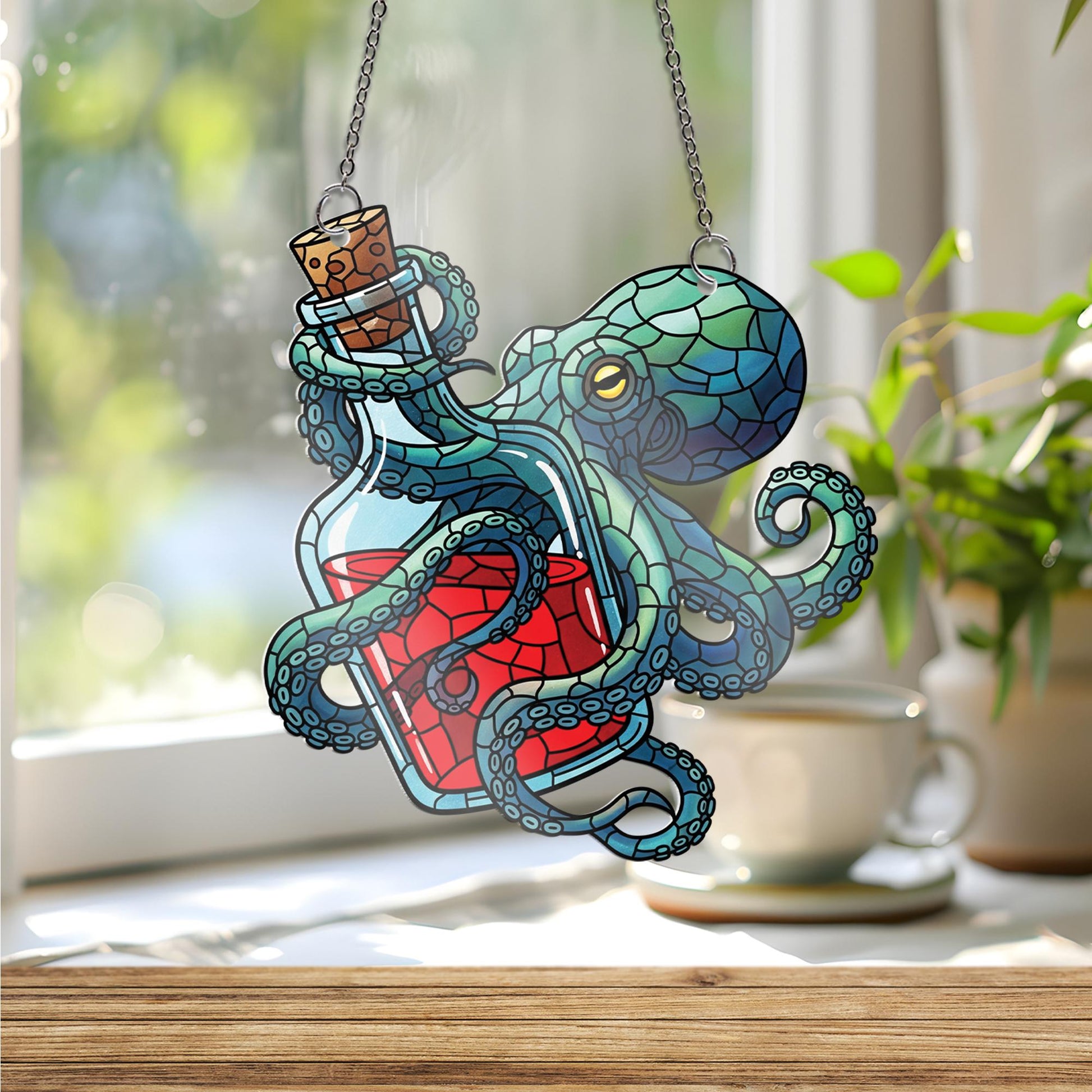Octopus and Potion Window Hanging – Faux Stained Glass Sea Creature Decor, Nautical Gothic Kraken Suncatcher for Ocean Lovers
