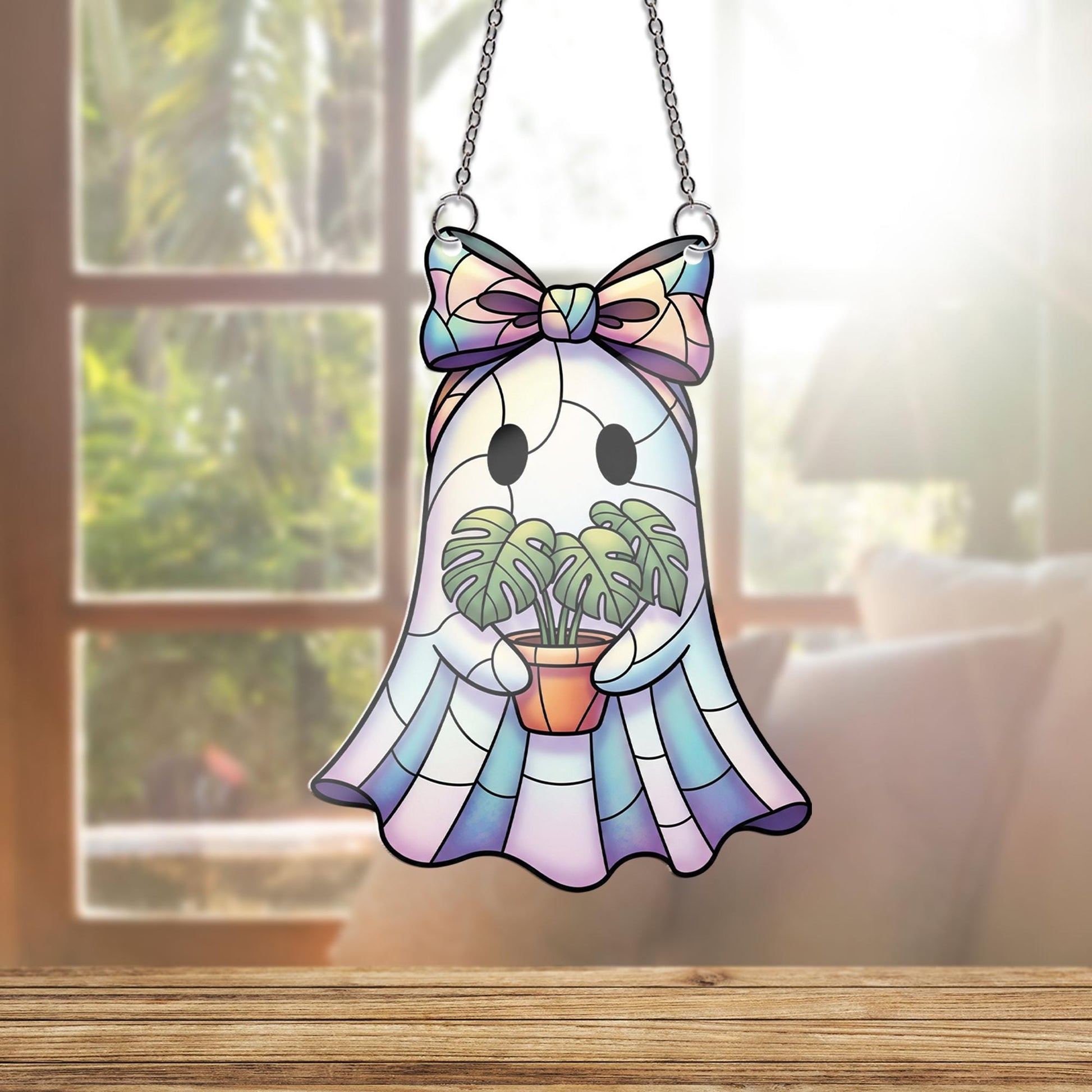 Iridescent Ghost Window Hanging – Faux Stained Glass Plant Lover Decor, Kawaii Spooky Suncatcher with Monstera and Pastel Bow