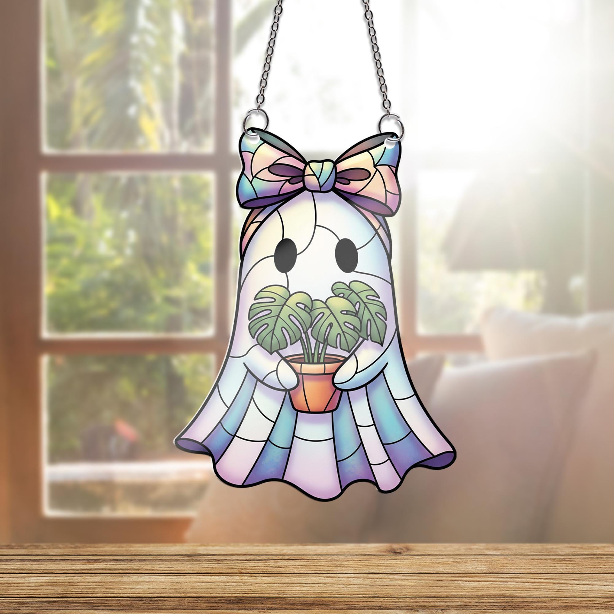 Iridescent Ghost Window Hanging – Faux Stained Glass Plant Lover Decor, Kawaii Spooky Suncatcher with Monstera and Pastel Bow