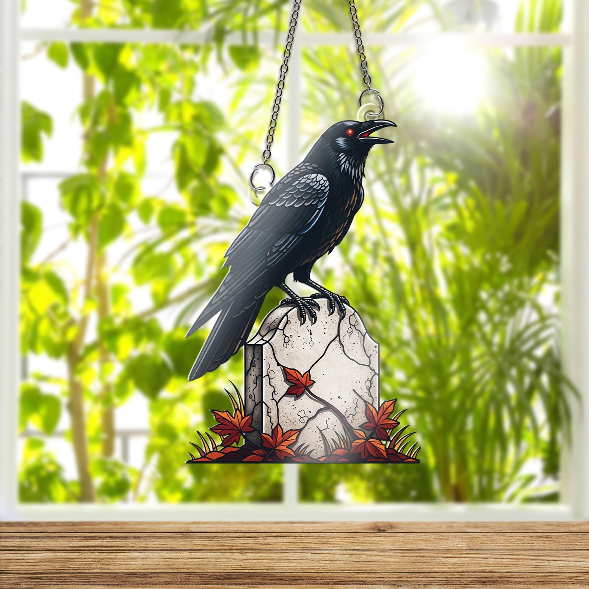 Gothic Raven Ornament , Crow on Tombstone Ornament, Spooky Halloween Window Hanging, Edgar Allan Poe Inspired Art, Autumn Fall Decor