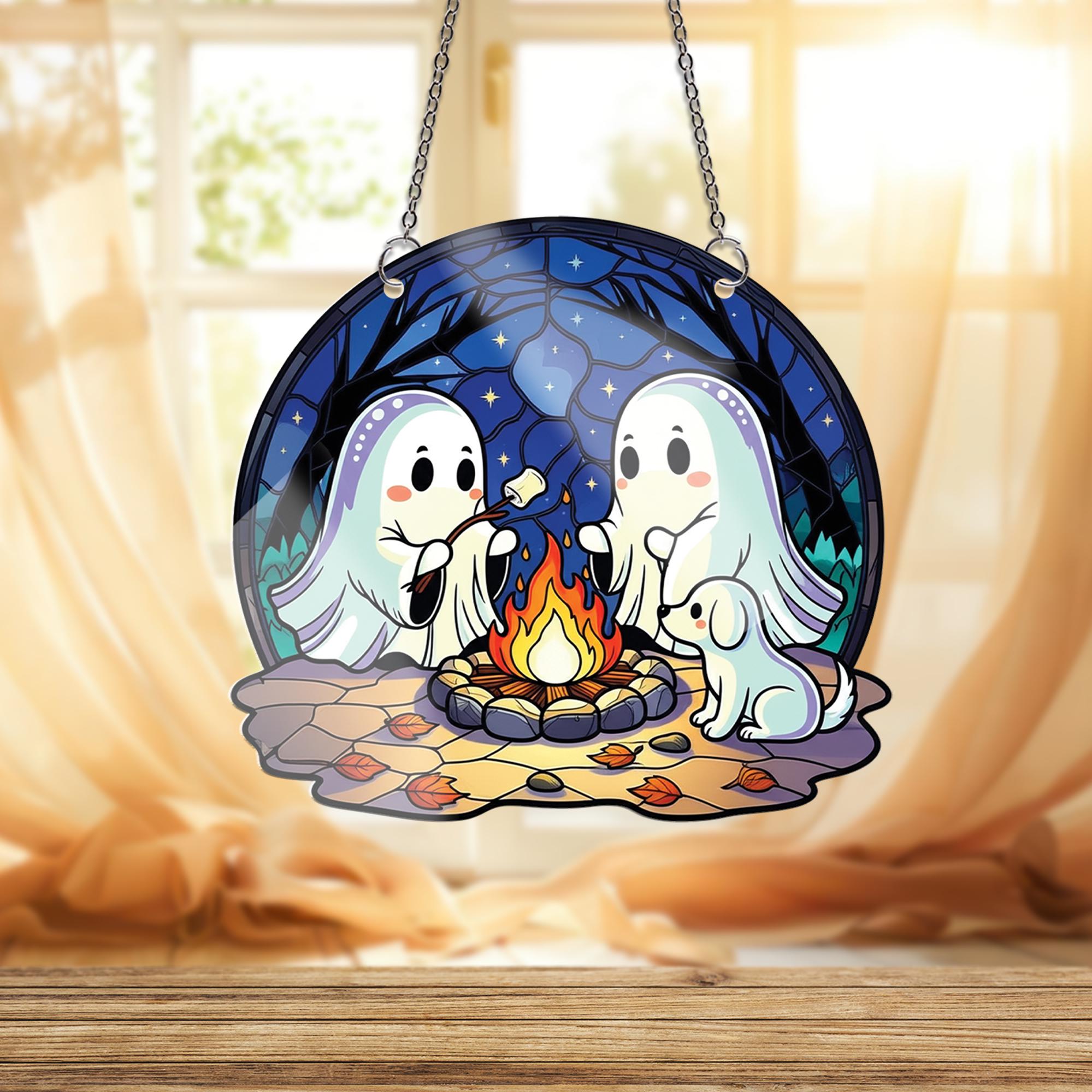 Ghost Campfire Window Hanging – Cute Faux Stained Glass Halloween Decor, Spooky Ghost Friends & Dog Suncatcher for Fall Windows