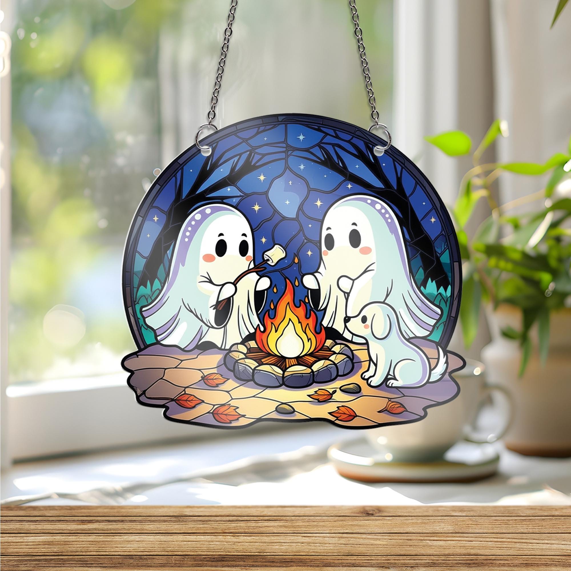 Ghost Campfire Window Hanging – Cute Faux Stained Glass Halloween Decor, Spooky Ghost Friends & Dog Suncatcher for Fall Windows