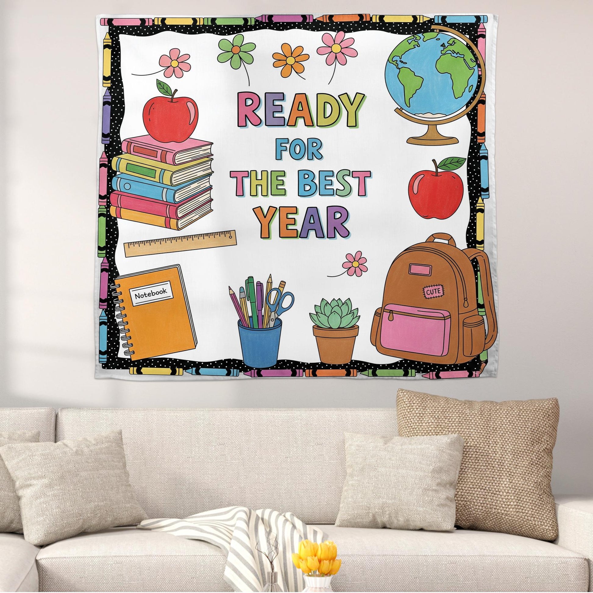 Back to School Tapestry, Ready for the Best Year Wall Decor, Classroom Bulletin Banner, Teacher Wall Hanging, School Year Decor